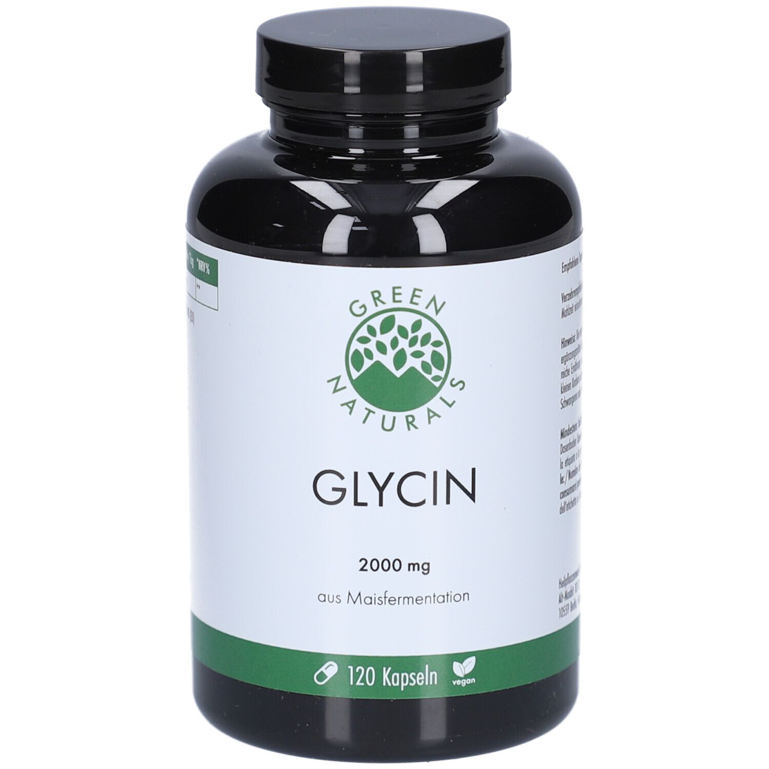 Schwarze Flasche mit weißem Etikett. Aufschrift: GREEN NATURALS, GLYCIN 2000 mg, 120 Kapseln, vegan.