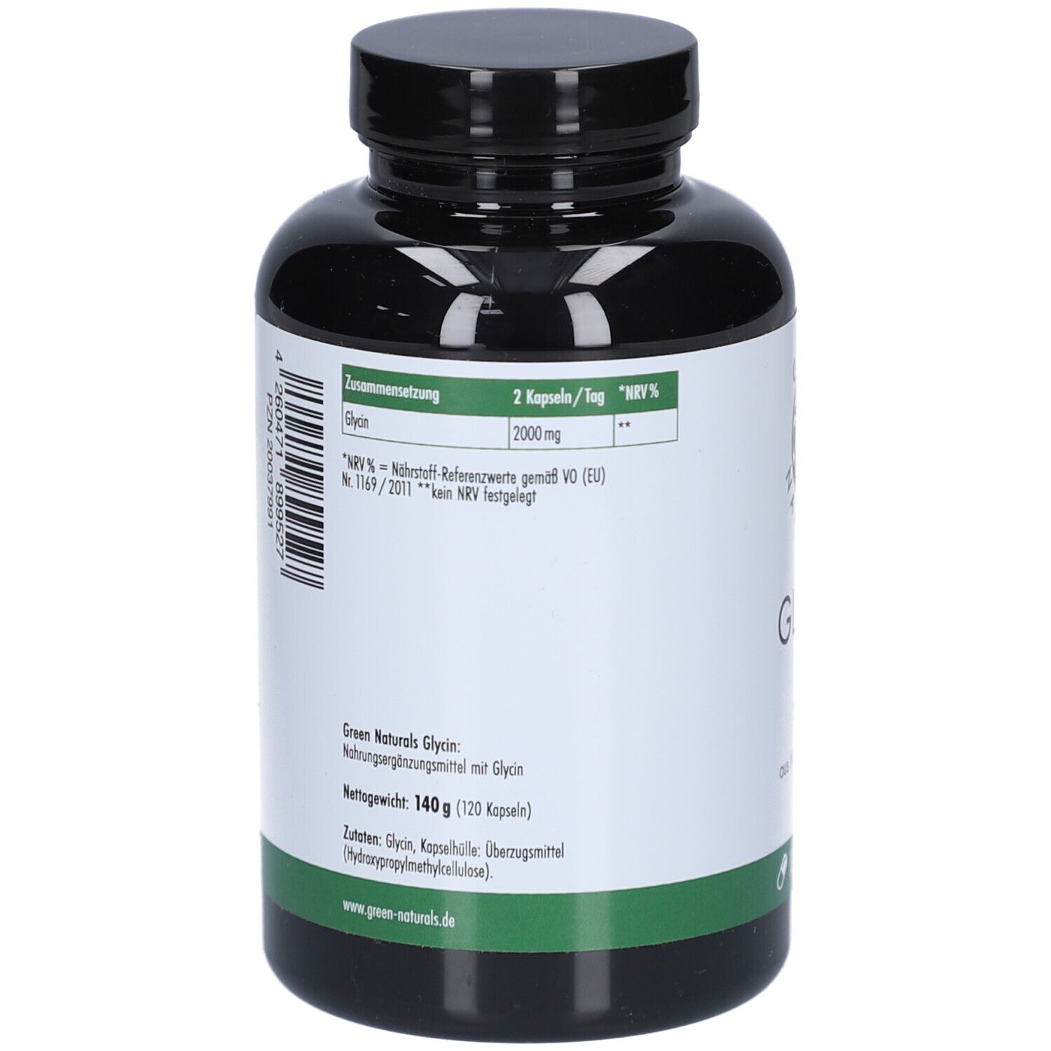 Rückseite der Flasche. Angaben zu Inhaltsstoffen, Nährwerten und Hersteller. Text in Deutsch.