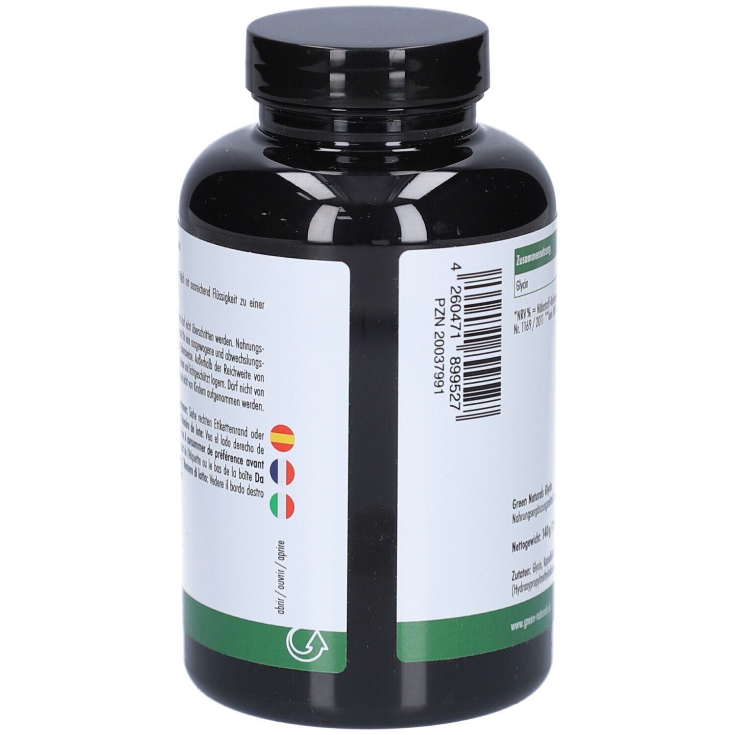 Rückseite der Flasche. Text in Deutsch, Französisch und Italienisch. Barcode und Herstelleradresse.