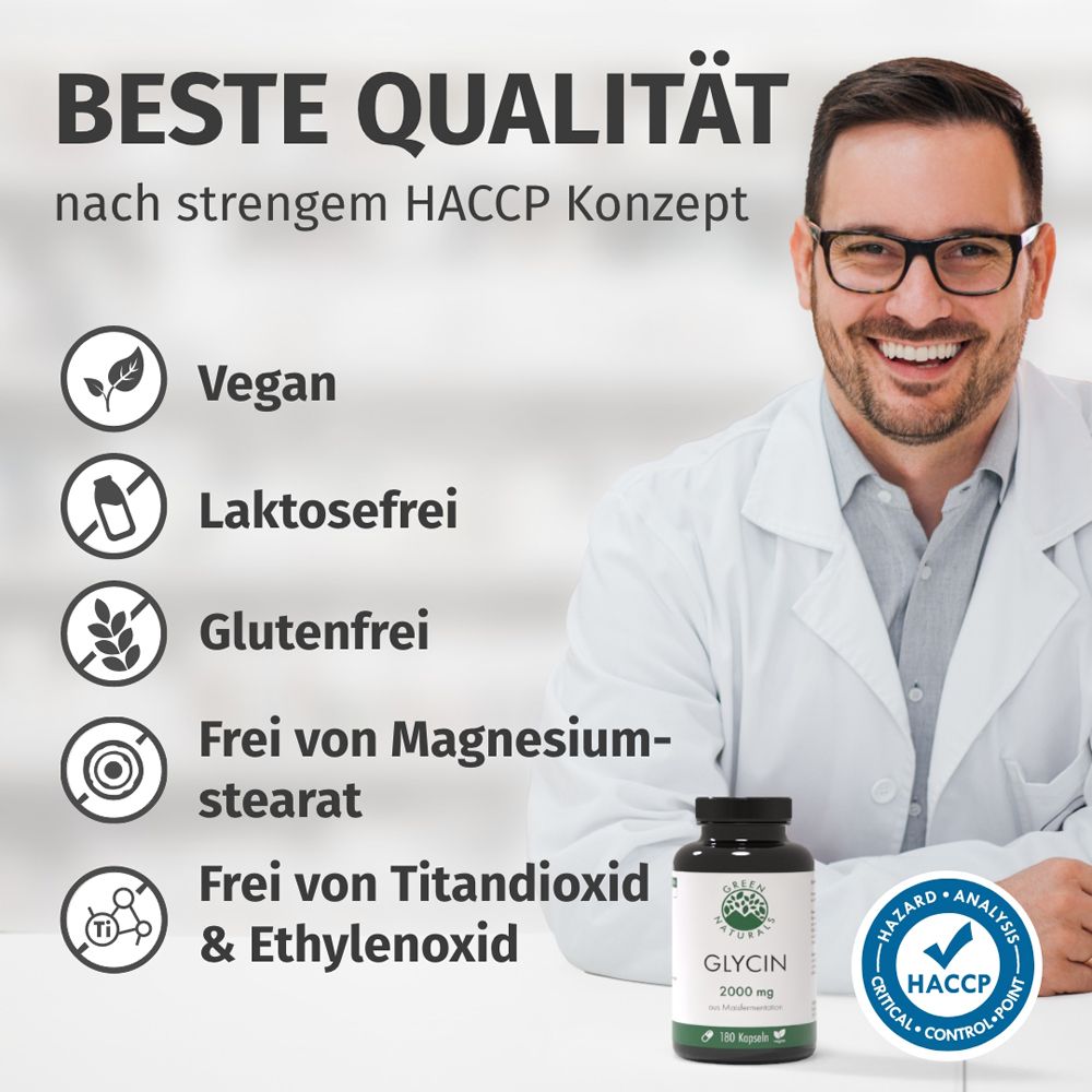Homme avec des lunettes. Texte : MEILLEURE QUALITÉ. Végétalien, sans lactose, sans gluten, sans stéarate de magnésium, dioxyde de titane et oxyde d'éthylène.