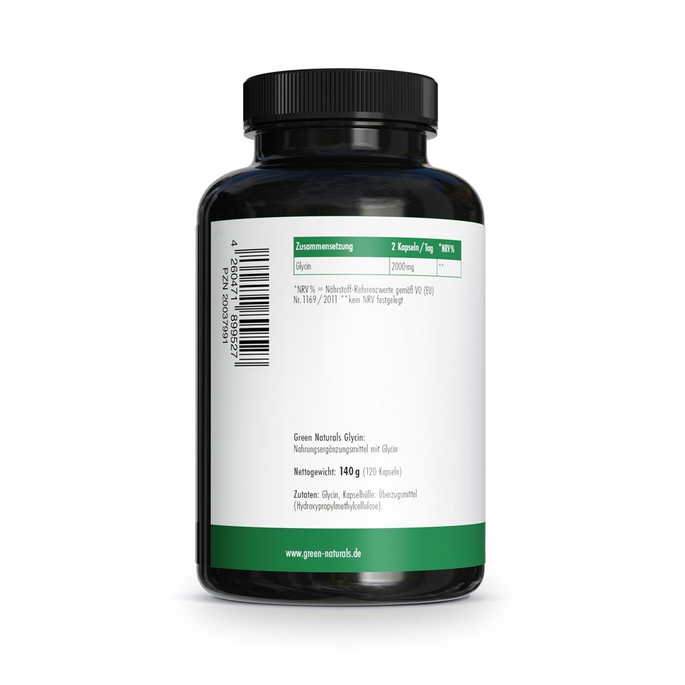 Dos du flacon. Texte : Glycine, 2000 mg. 120 gélules. Informations fabricant et code-barres.