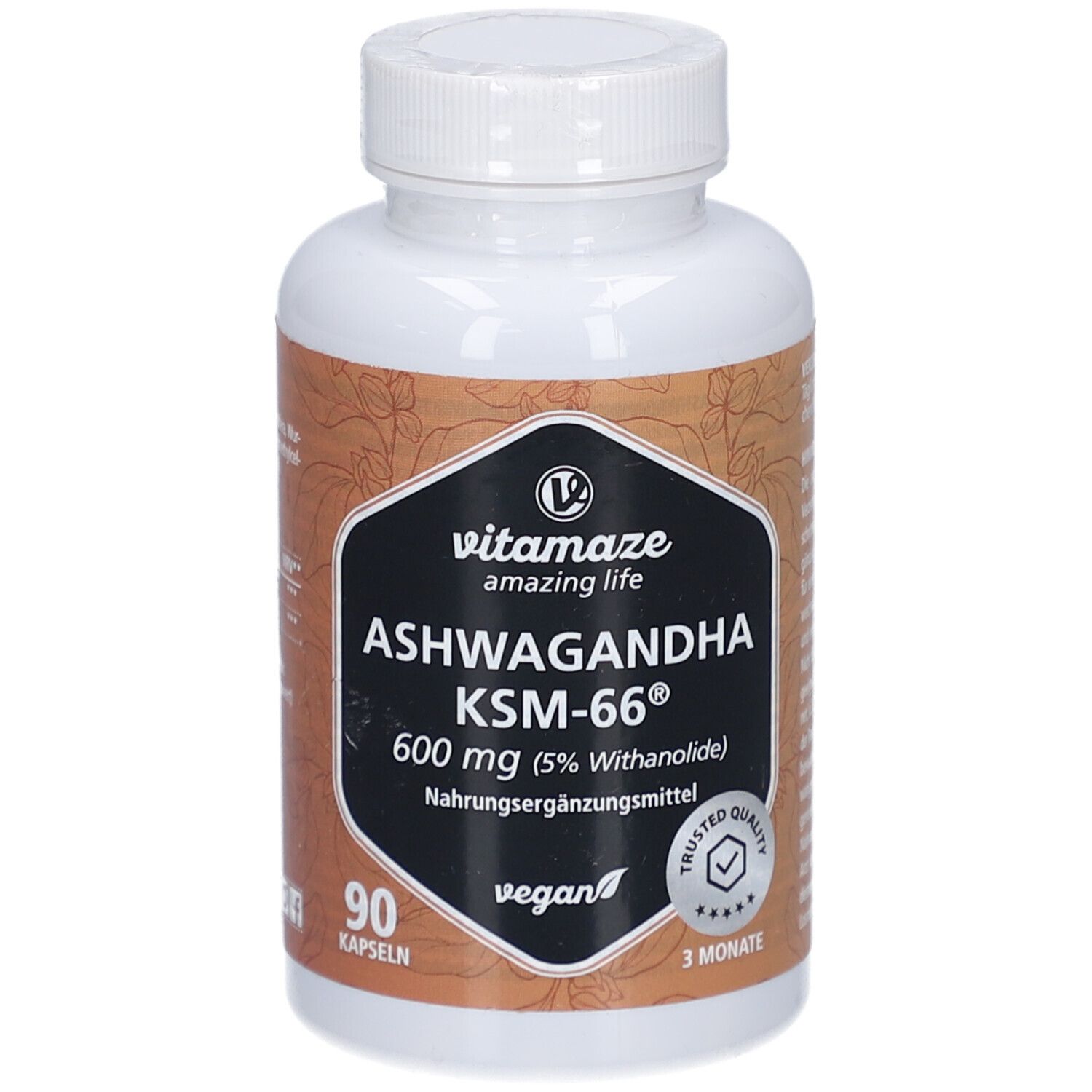 Weiße Flasche mit Kapseln. Aufschrift: vitamaze amazing life ASHWAGANDHA KSM-66® 600 mg. 90 Kapseln. Vegan.