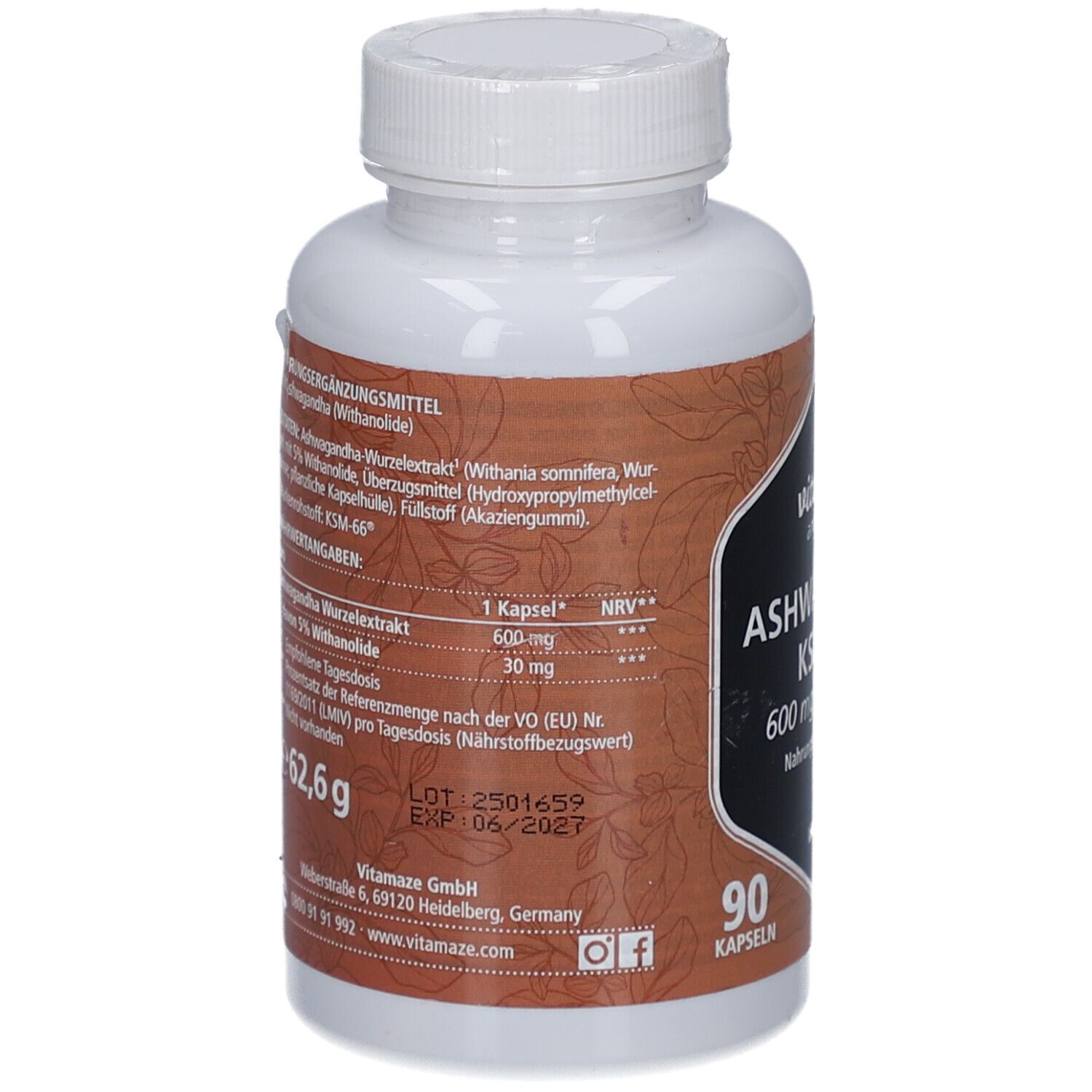 Weiße Flasche, Rückseite. Aufschrift: vitamaze amazing life ASHWAGANDHA KSM-66® 600 mg. Nährwertangaben. 90 Kapseln.