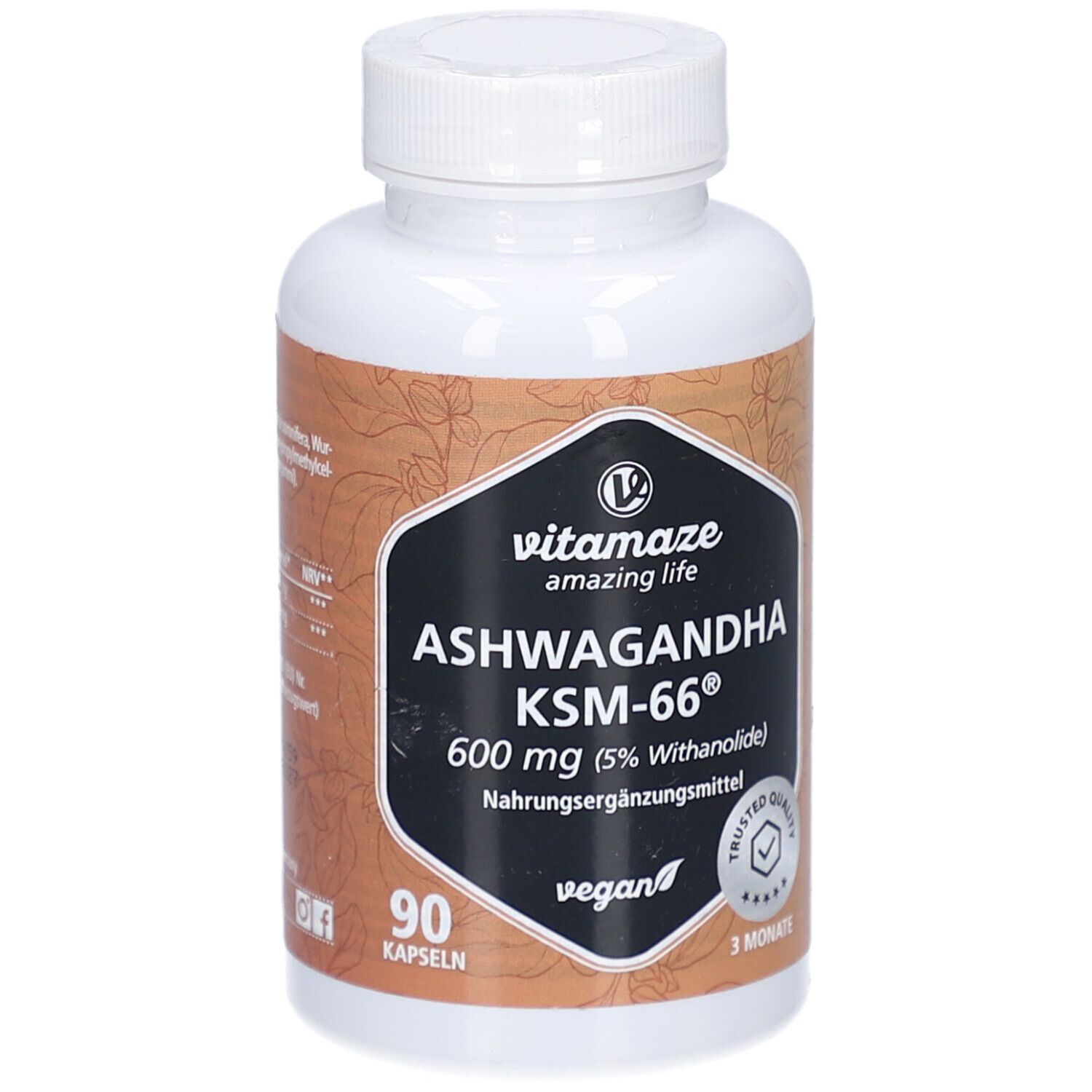 Weiße Flasche mit Kapseln. Aufschrift: vitamaze amazing life ASHWAGANDHA KSM-66® 600 mg. 90 Kapseln. Vegan.