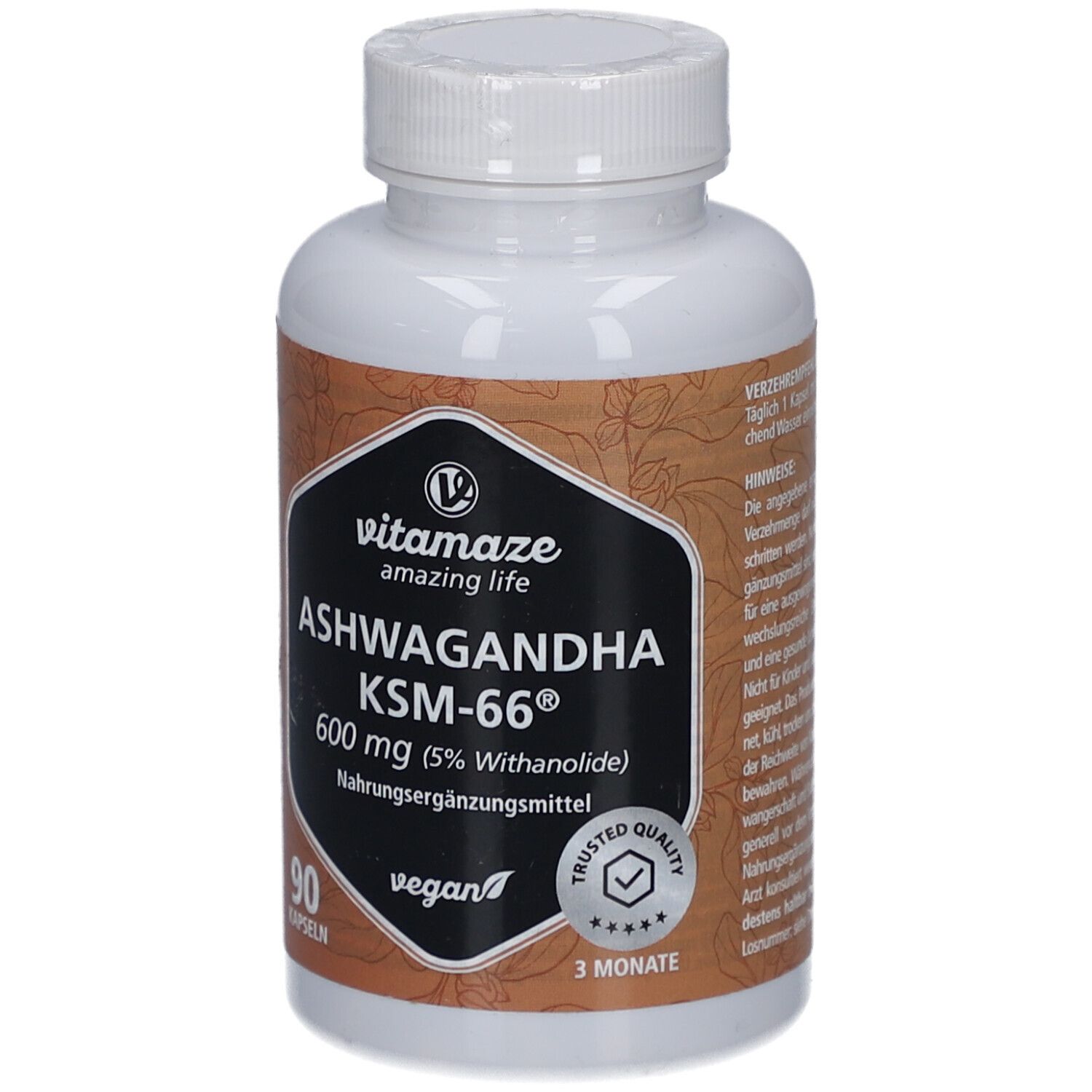 Weiße Flasche mit Kapseln. Aufschrift: vitamaze amazing life ASHWAGANDHA KSM-66® 600 mg. 90 Kapseln. Vegan. Siegel.