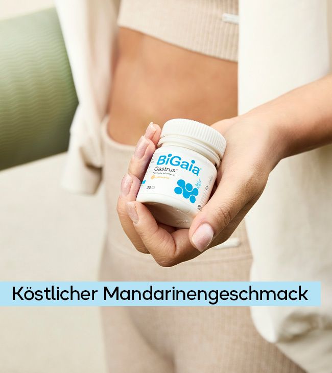 Biogaia Gastrus Fläschchen mit 30 Tabletten, weißer Behälter mit blauem Etikett.