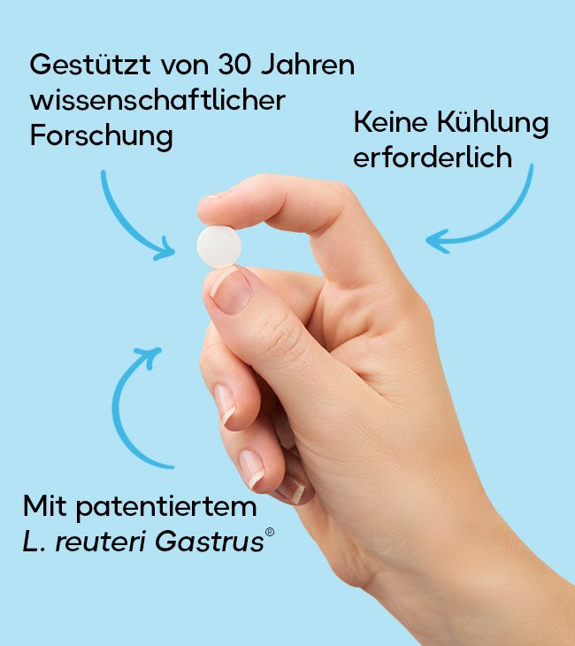 Weiße Tablette in Fingergriff, gestützt von 30 Jahren Forschung, ohne Kühlung, mit patentiertem L. reuteri Gastrus.