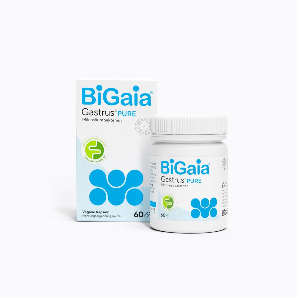 BioGaia Gastrus® Pure capsules et emballage. Bouteille et boîte blanches avec logo bleu et texte. 60 capsules.
