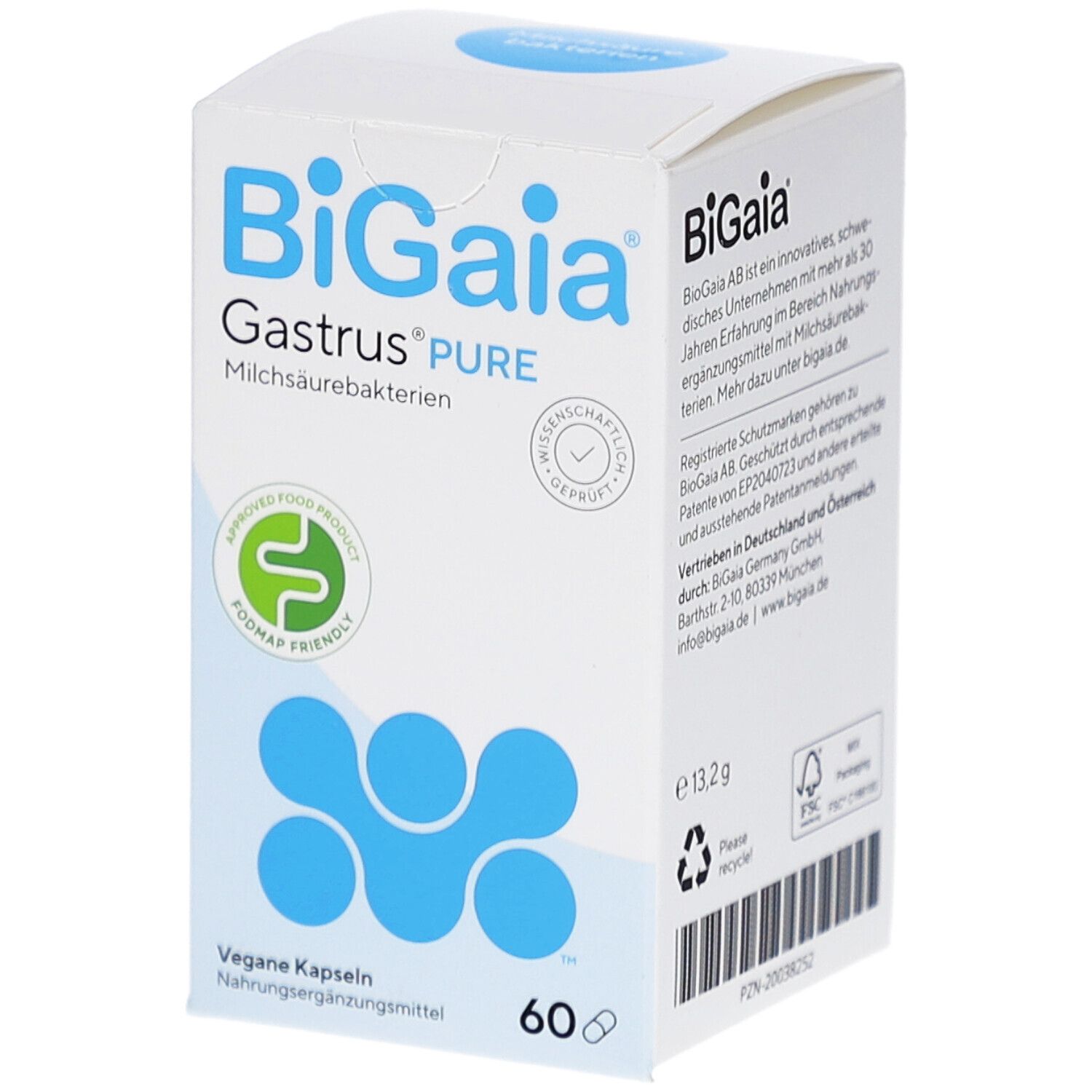 Emballage BioGaia Gastrus® Pure. Boîte blanche avec logo bleu et texte. 60 capsules. Contient des informations et certifications.