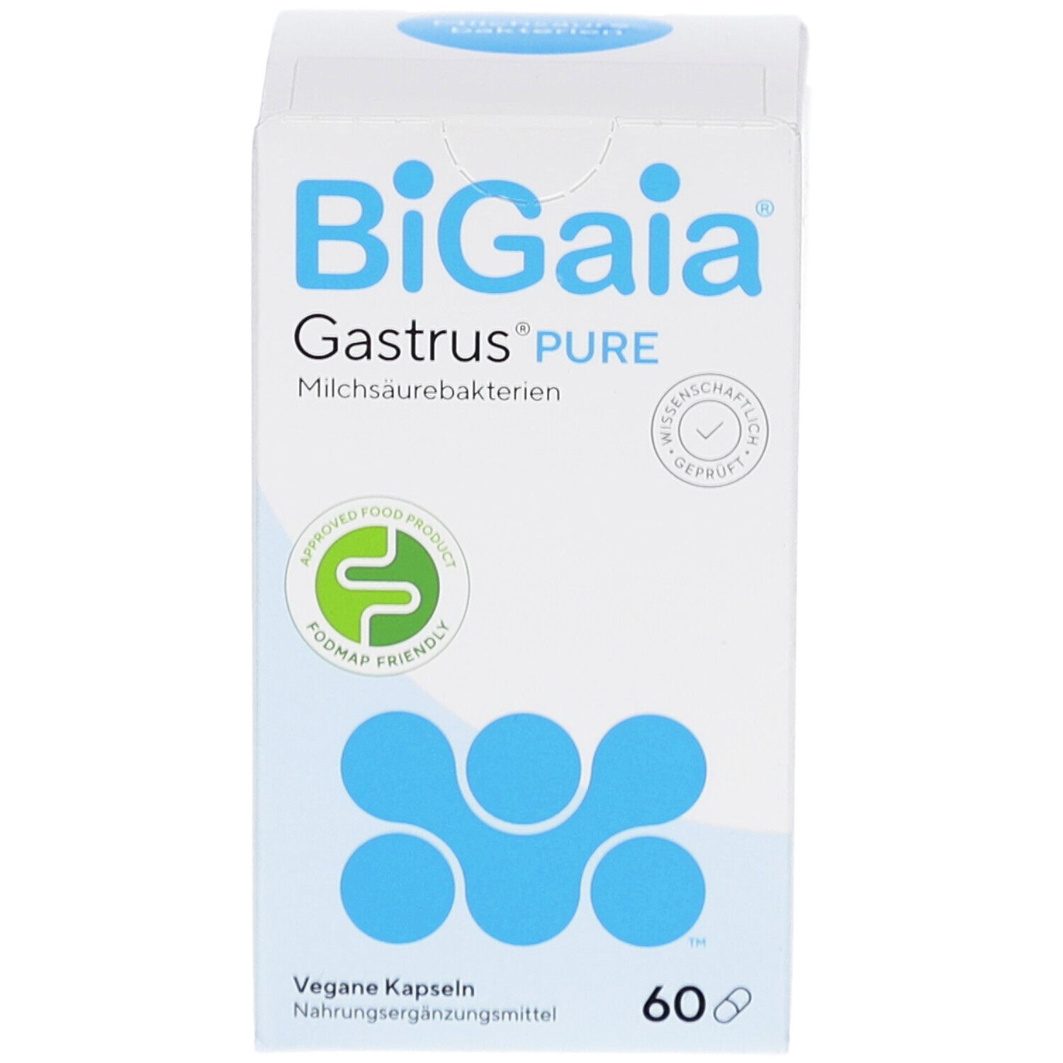 Emballage BioGaia Gastrus® Pure. Boîte blanche avec logo bleu et texte. 60 capsules. Favorable au régime Fodmap.