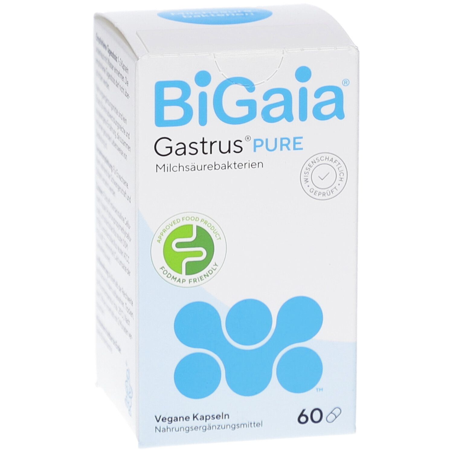 Emballage BioGaia Gastrus® Pure. Boîte blanche avec logo bleu et texte. 60 capsules. Favorable au régime Fodmap.