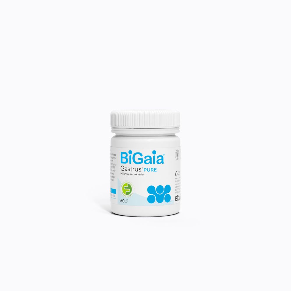 BioGaia Gastrus® Pure capsules. Bouteille blanche avec logo bleu et texte. 60 capsules.