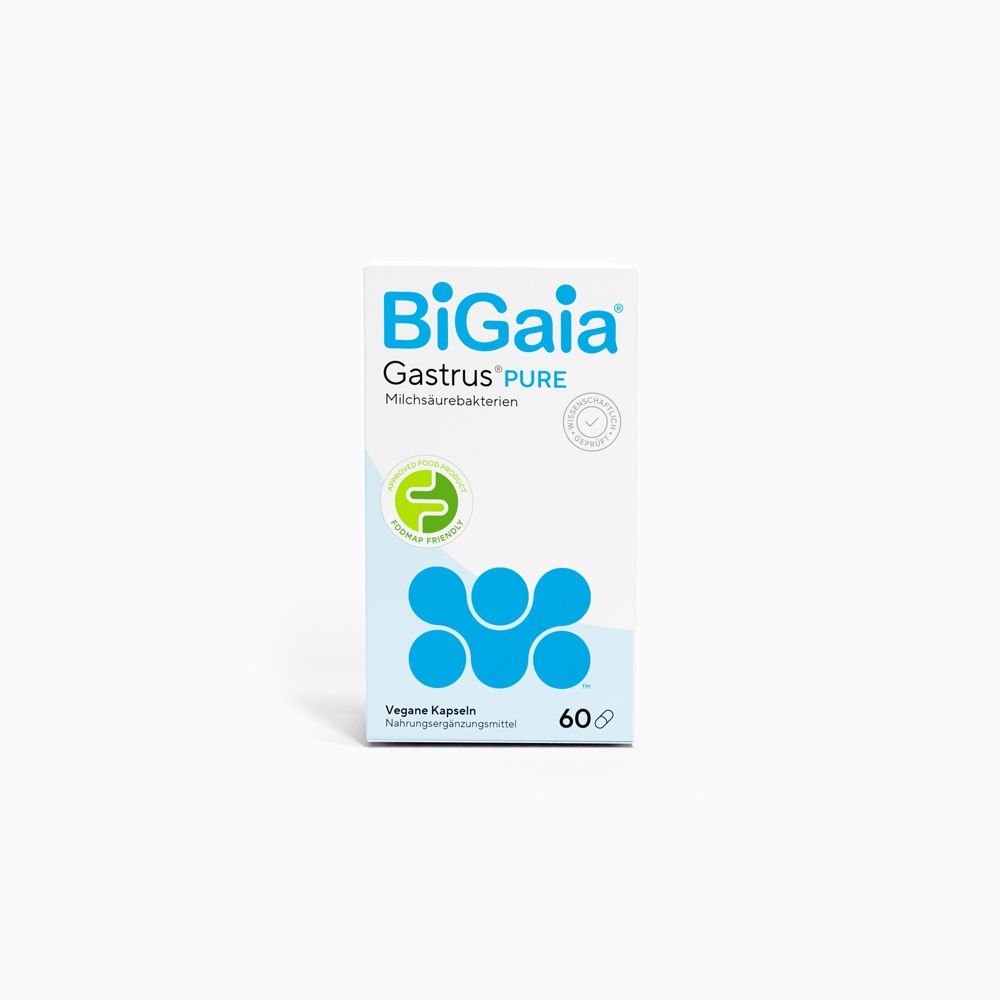 Emballage BioGaia Gastrus® Pure. Boîte blanche avec logo bleu et texte. 60 capsules.