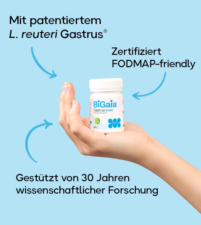Weiße Pillendose mit BiGaia Gastrus PURE Aufschrift, FODMAP-zertifiziert.