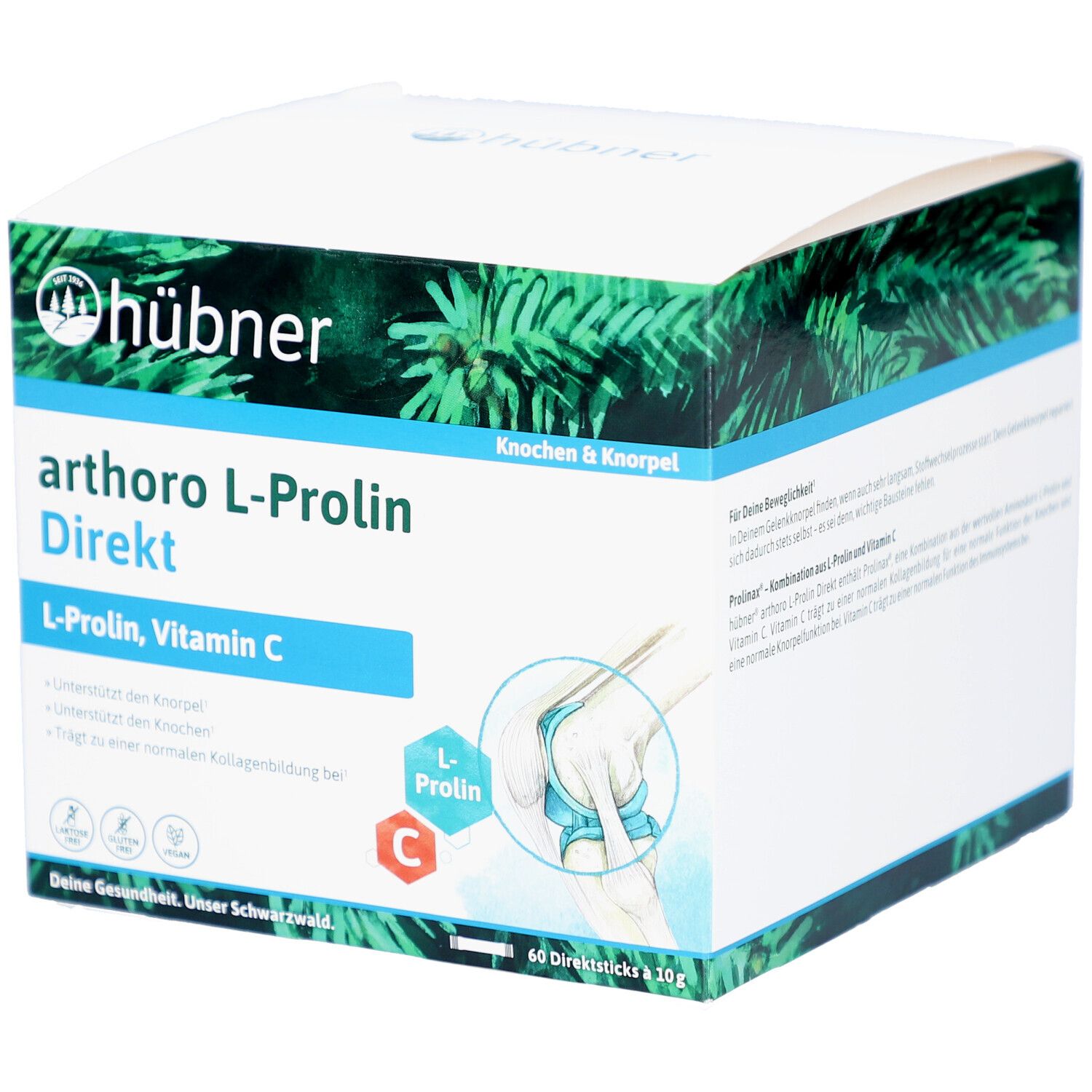 Boîte blanche avec arthoro L-Prolin Direkt. Contient L-Proline, Vitamine C. Illustration d'une articulation du genou.