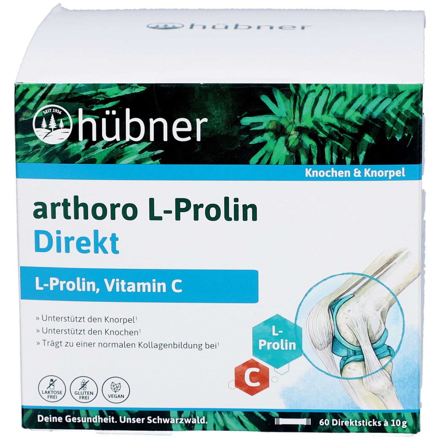 Boîte blanche avec arthoro L-Prolin Direkt. Contient L-Proline, Vitamine C. 60 sticks directs à 10g.