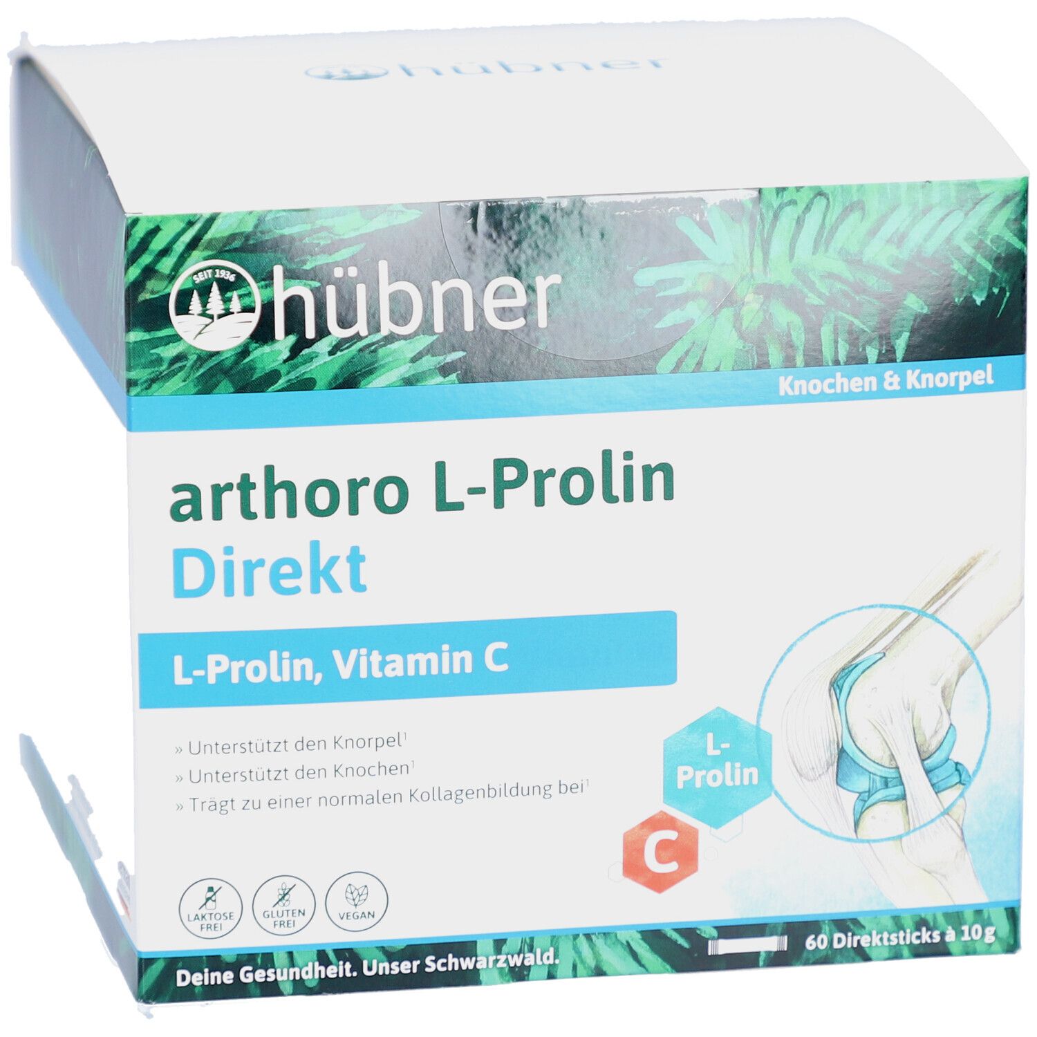 Boîte blanche avec arthoro L-Prolin Direkt. Contient L-Proline, Vitamine C. 60 sticks directs à 10g.