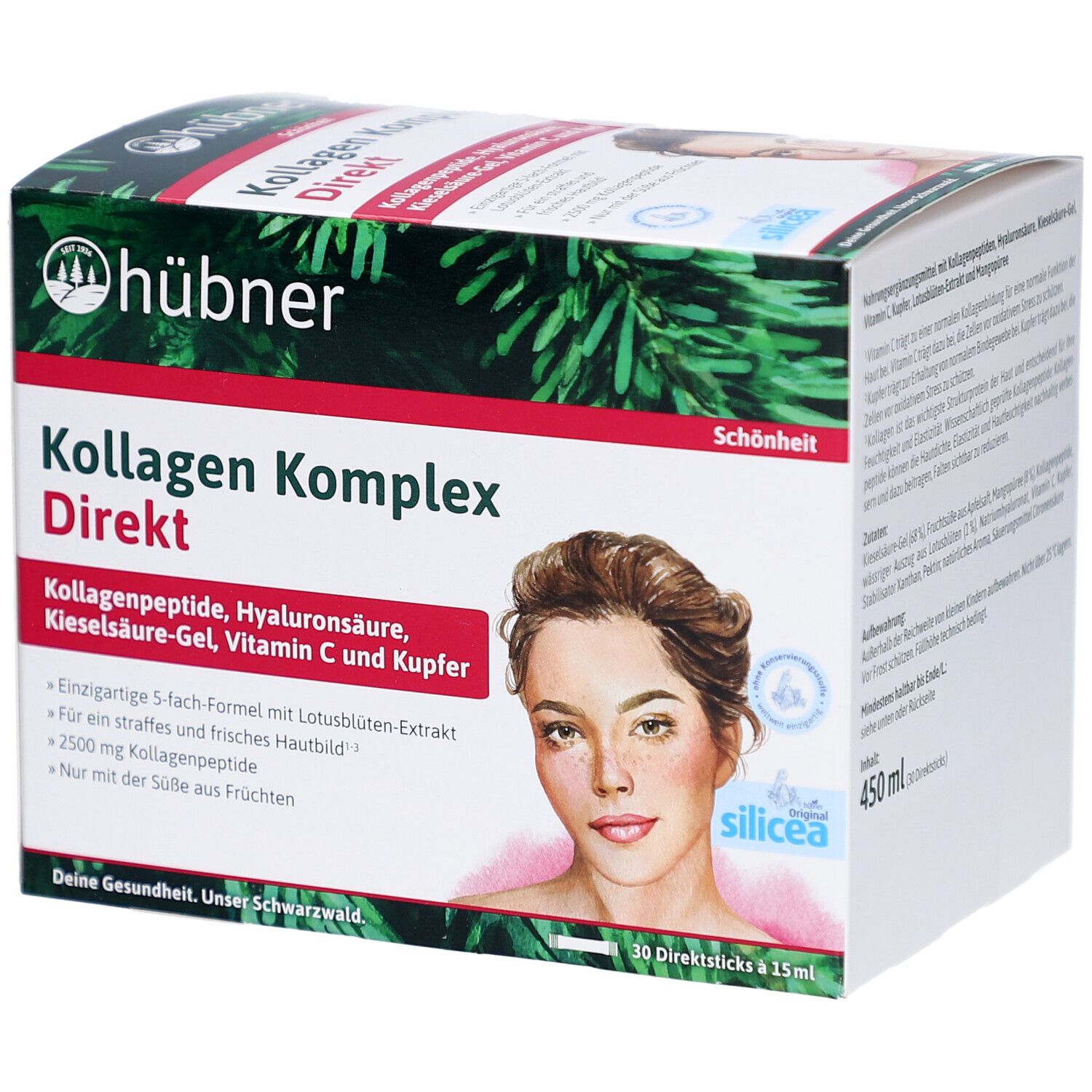 Karton mit HÜBNER Kollagen Komplex Direkt. Aufdrucke: Kollagen Komplex Direkt, Frauengesicht, 30 Trinksticks, 450 ml.