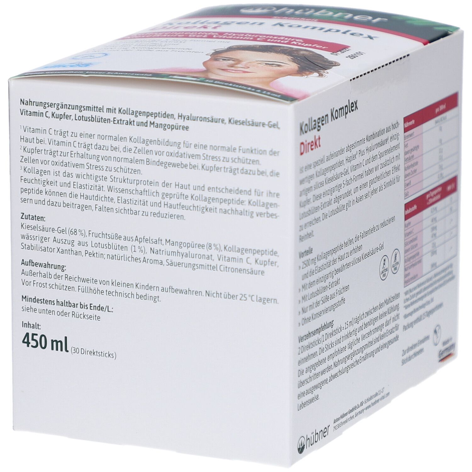 Rückseite der Schachtel mit HÜBNER Kollagen Komplex Direkt. Text über Inhaltsstoffe, Anwendung und Warnhinweise. 450 ml.