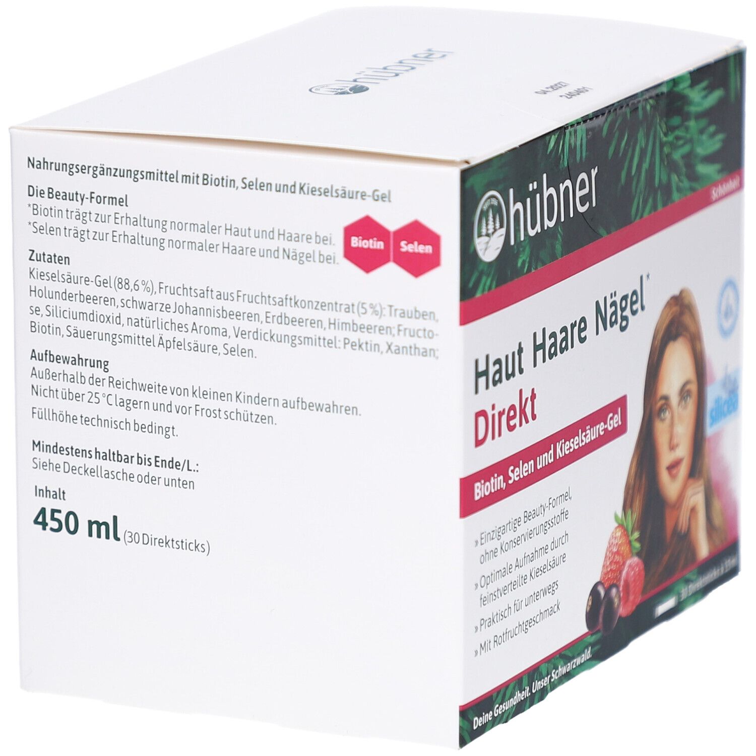 Emballage du produit avec texte. Contient : Haut Haare Nägel Direkt. Informations sur les ingrédients et la valeur nutritionnelle. Marque : Hübner.