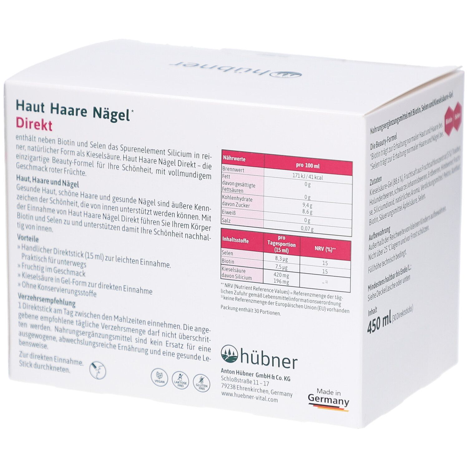 Emballage du produit avec texte. Contient : Haut Haare Nägel Direkt. Informations sur les ingrédients et la valeur nutritionnelle. Marque : Hübner.