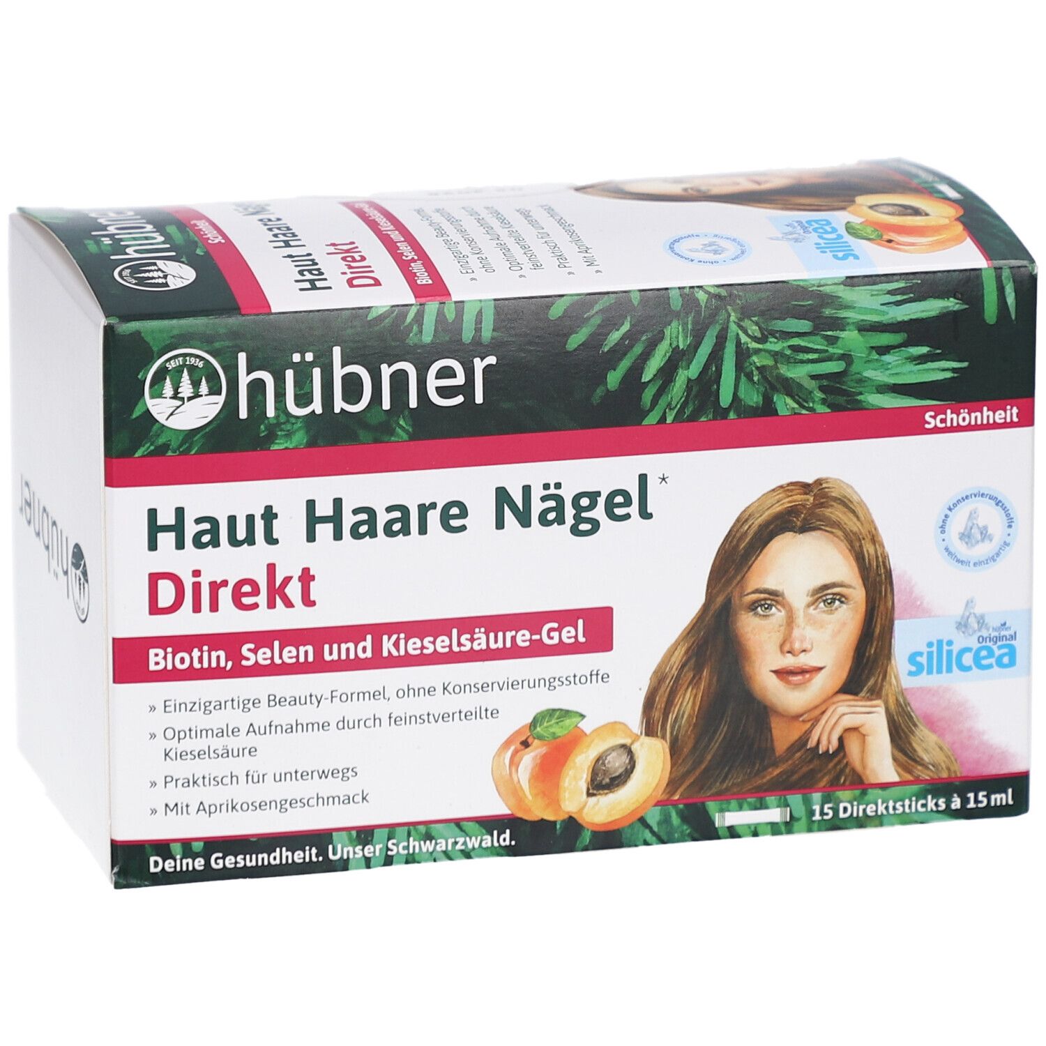 HÜBNER Haut Haare Nägel Direkt Verpackung. Enthält Biotin, Selen und Kieselsäure-Gel. Abbildung einer Frau und Aprikosen.