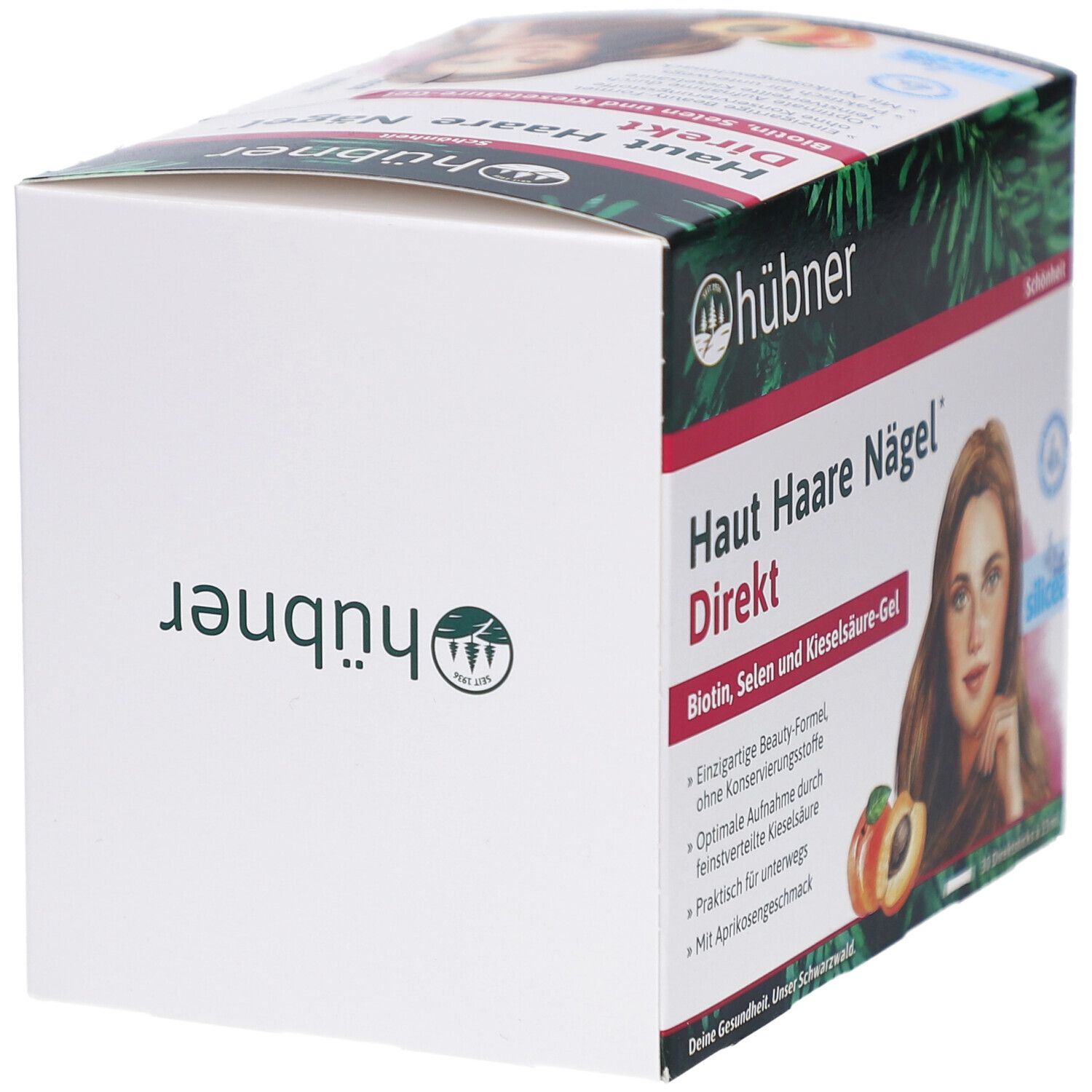 Weiße Produktverpackung. Aufschrift: Hübner. Haut Haare Nägel Direkt. Bild einer Frau, Aprikose. Logo.