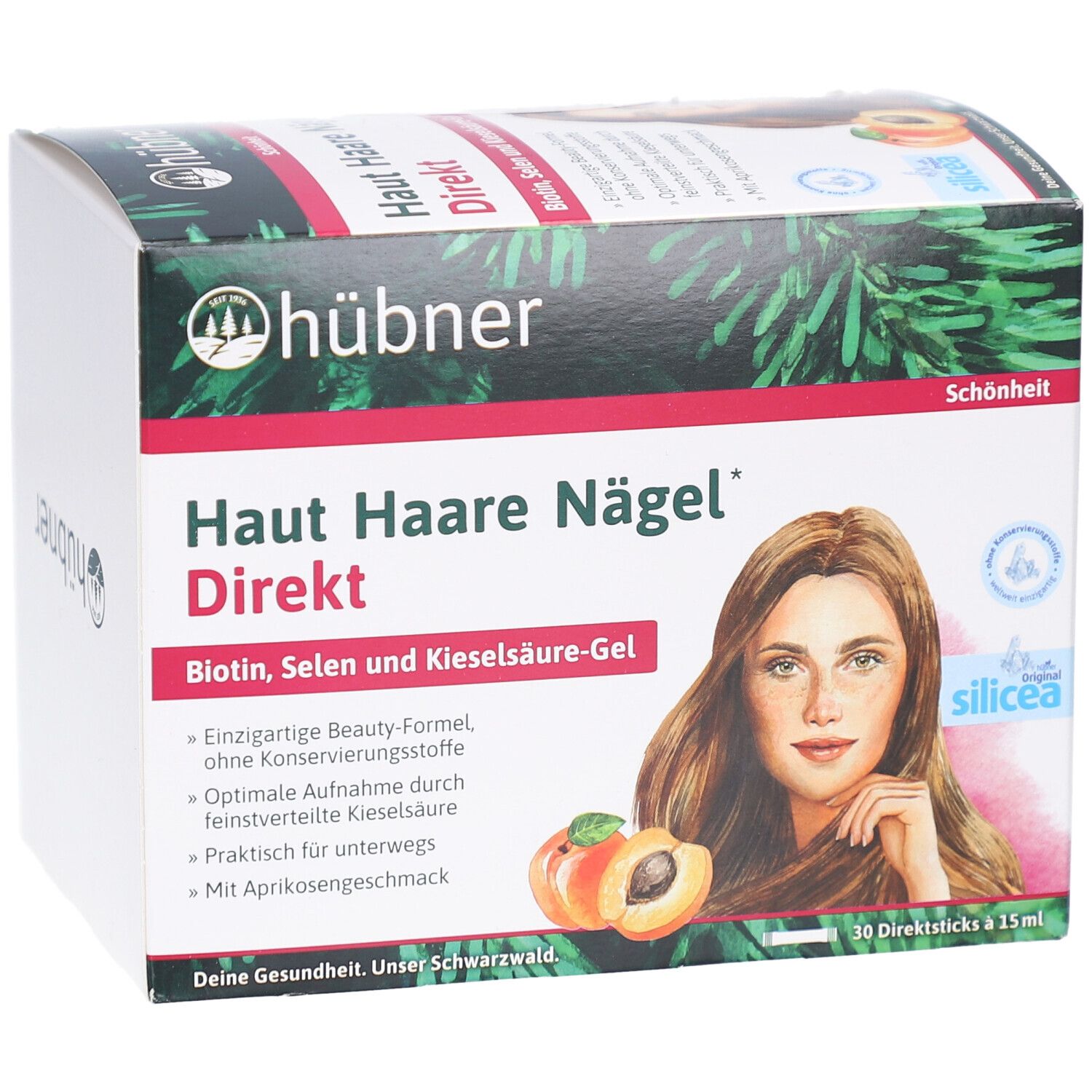 Produktverpackung. Aufschrift: Haut Haare Nägel Direkt. Bild einer Frau, Aprikosen. 30 Direktsticks à 15ml. Logo.