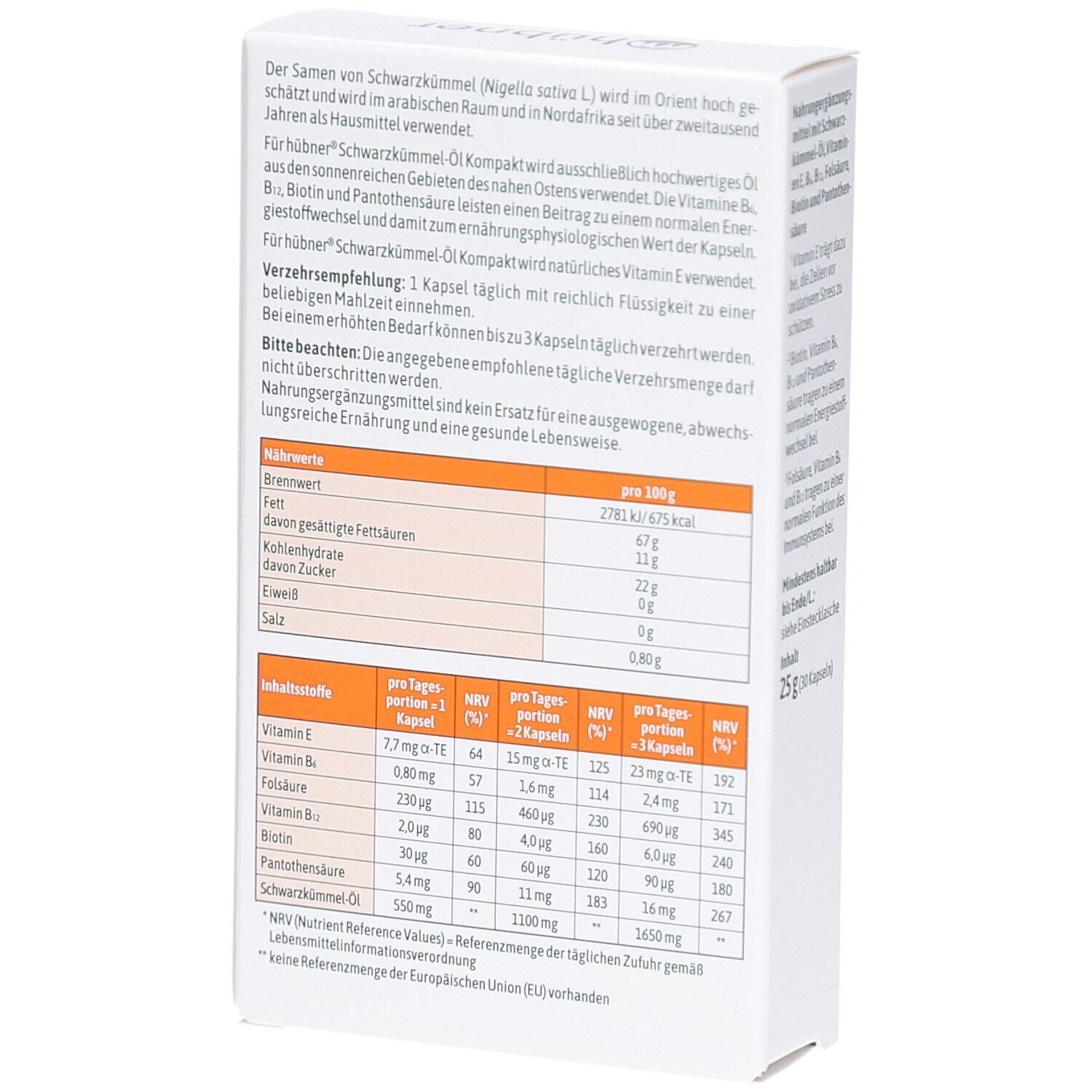 Rückseite der Produktverpackung. Text mit Nährwertangaben und Inhaltsstoffen. Tabelle mit Nährwerten.