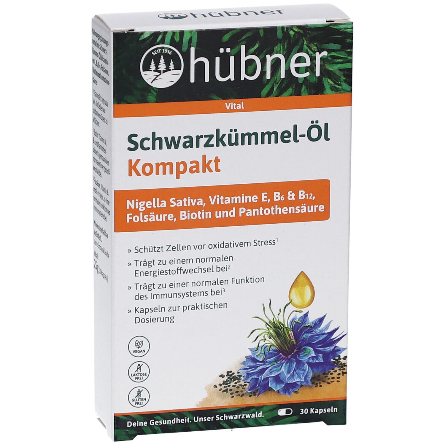 Karton mit Produktaufdruck. Schwarzkümmel-Öl Kompakt Kapseln. Pflanzenabbildung und Tropfen. 30 Kapseln.