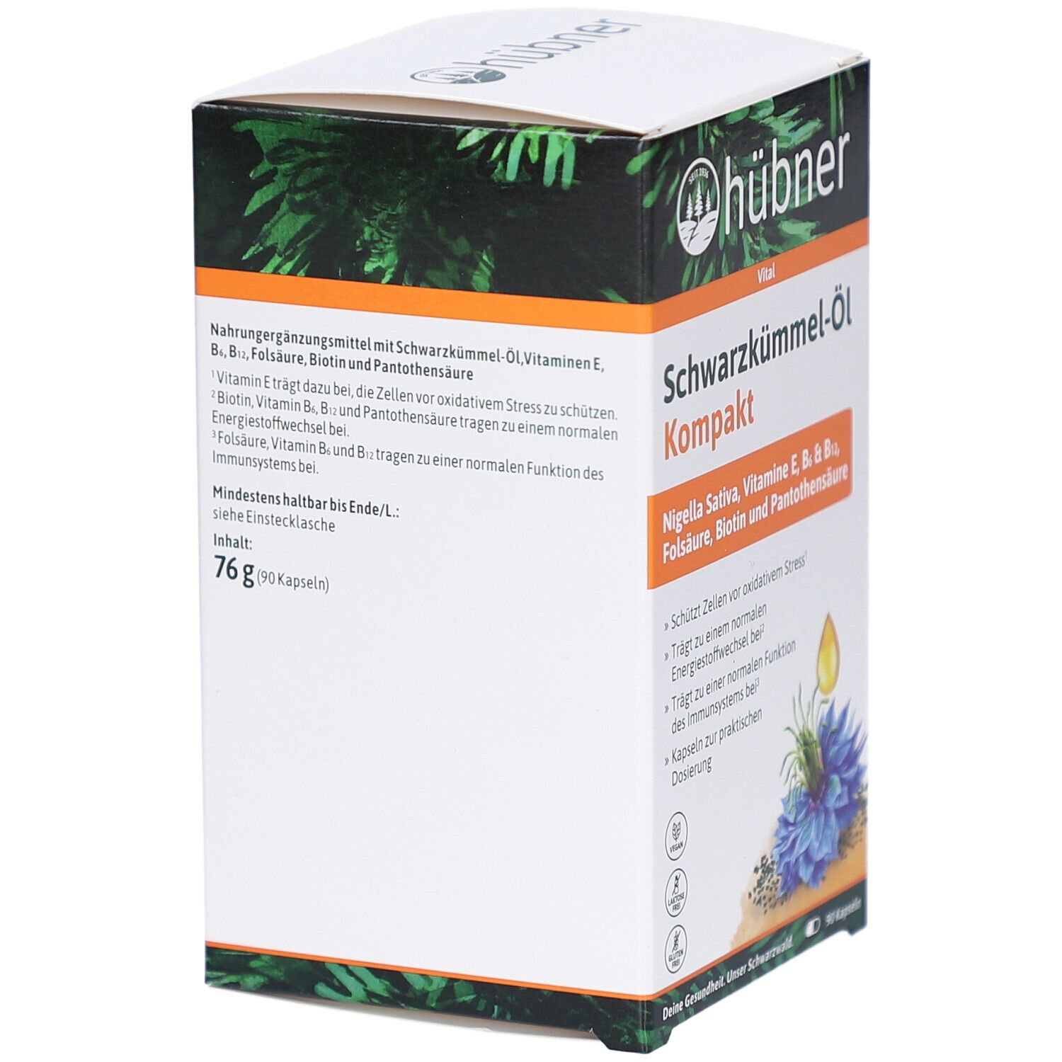 Dos de l'emballage des gélules HÜBNER Schwarzkümmel-Öl Kompakt. Texte : Complément alimentaire à l'huile de cumin noir, vitamines, etc. 76g (90 gélules).