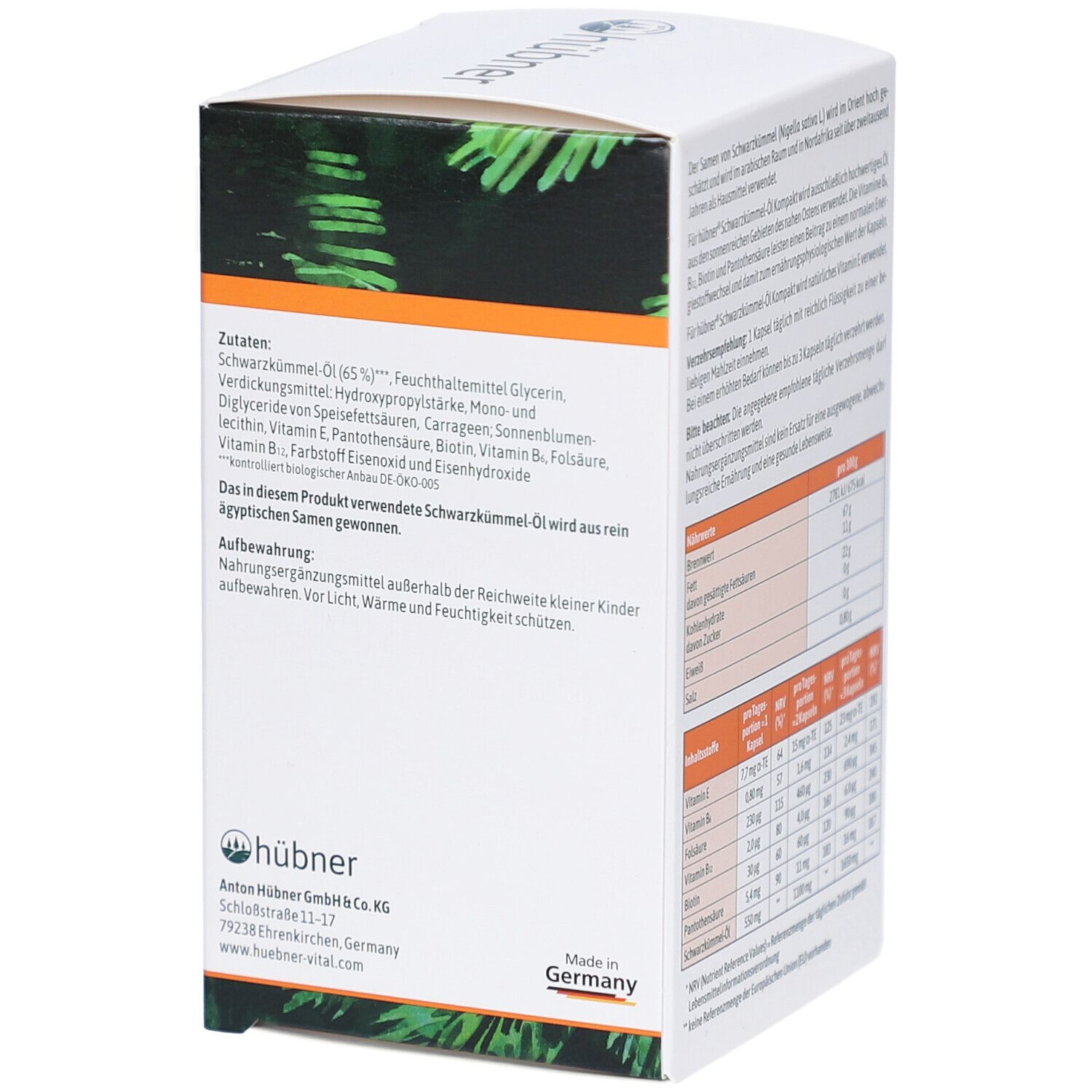 Dos de l'emballage des gélules HÜBNER Schwarzkümmel-Öl Kompakt. Texte : Ingrédients, conseils de conservation. Adresse du fabricant. Fabriqué en Allemagne.