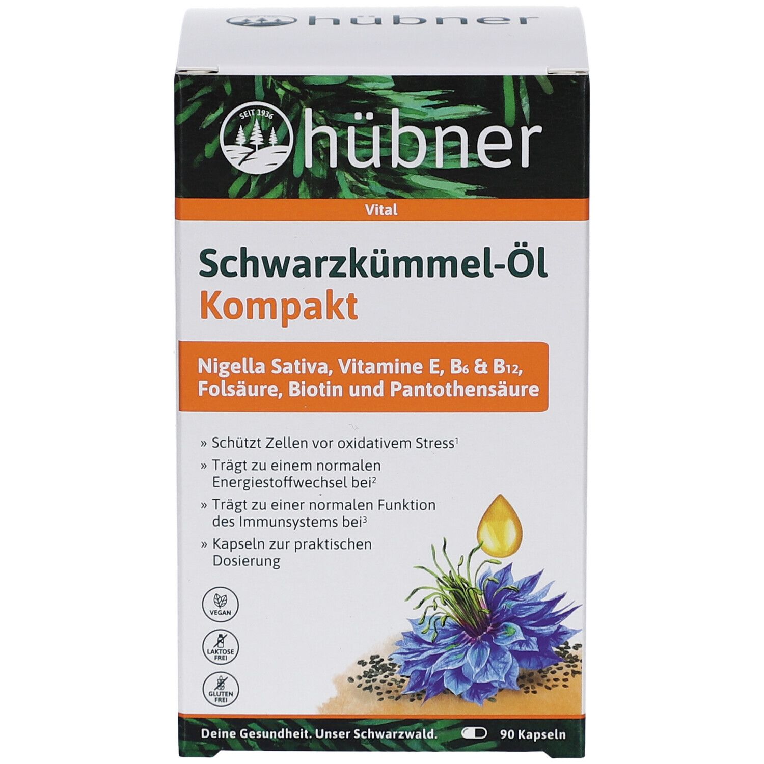 Emballage des gélules HÜBNER Schwarzkümmel-Öl Kompakt. Inscription : Schwarzkümmel-Öl Kompakt, 90 gélules. Logo et informations. Vegan.