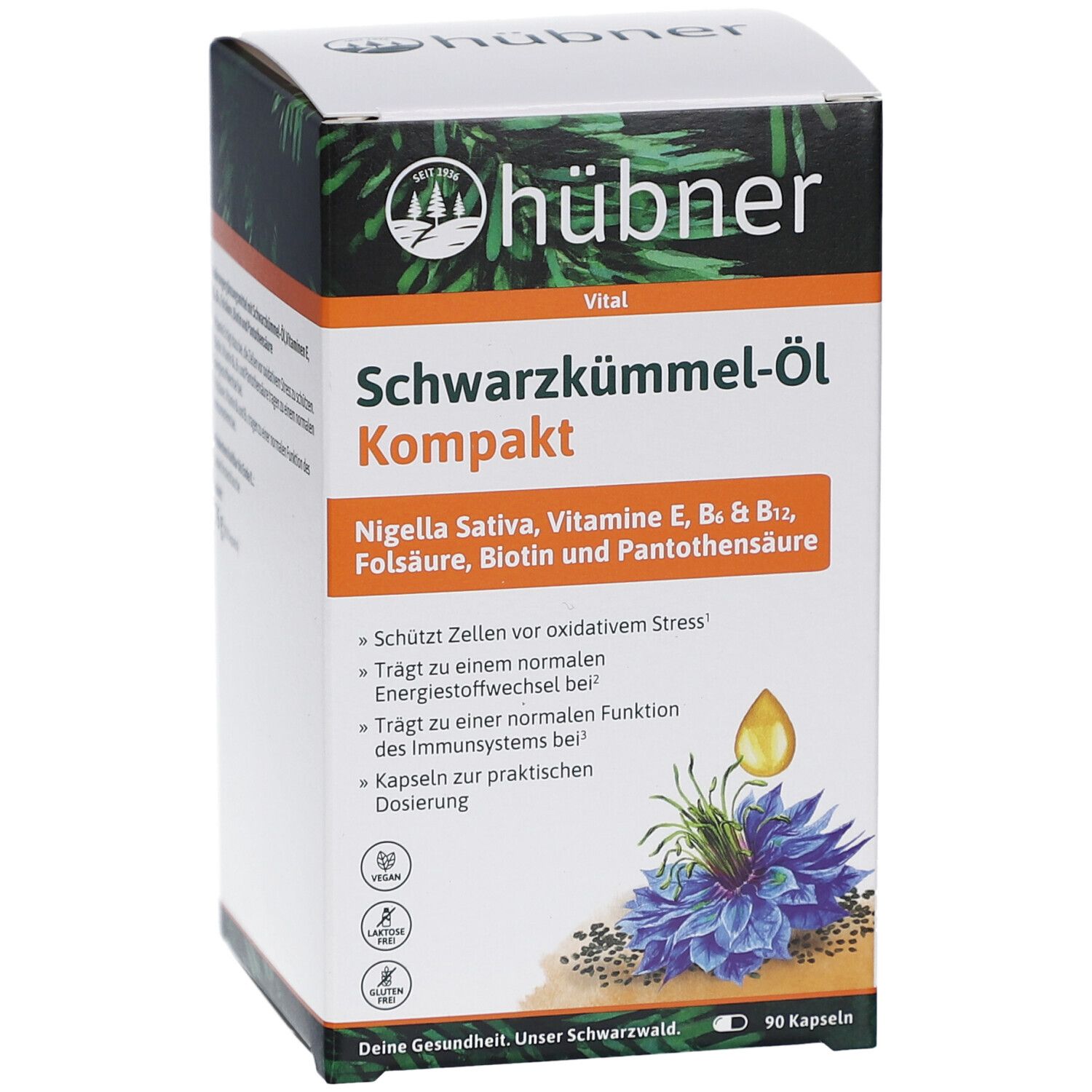 Emballage des gélules HÜBNER Schwarzkümmel-Öl Kompakt. Inscription : Schwarzkümmel-Öl Kompakt, 90 gélules. Logo et informations.