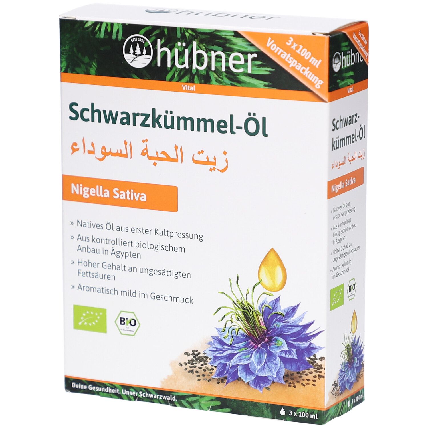 Verpackung von HÜBNER Schwarzkümmel-Öl Bio. Enthält 3 x 100 ml. Bio-Siegel. Abbildung von Schwarzkümmelblüte und -samen.