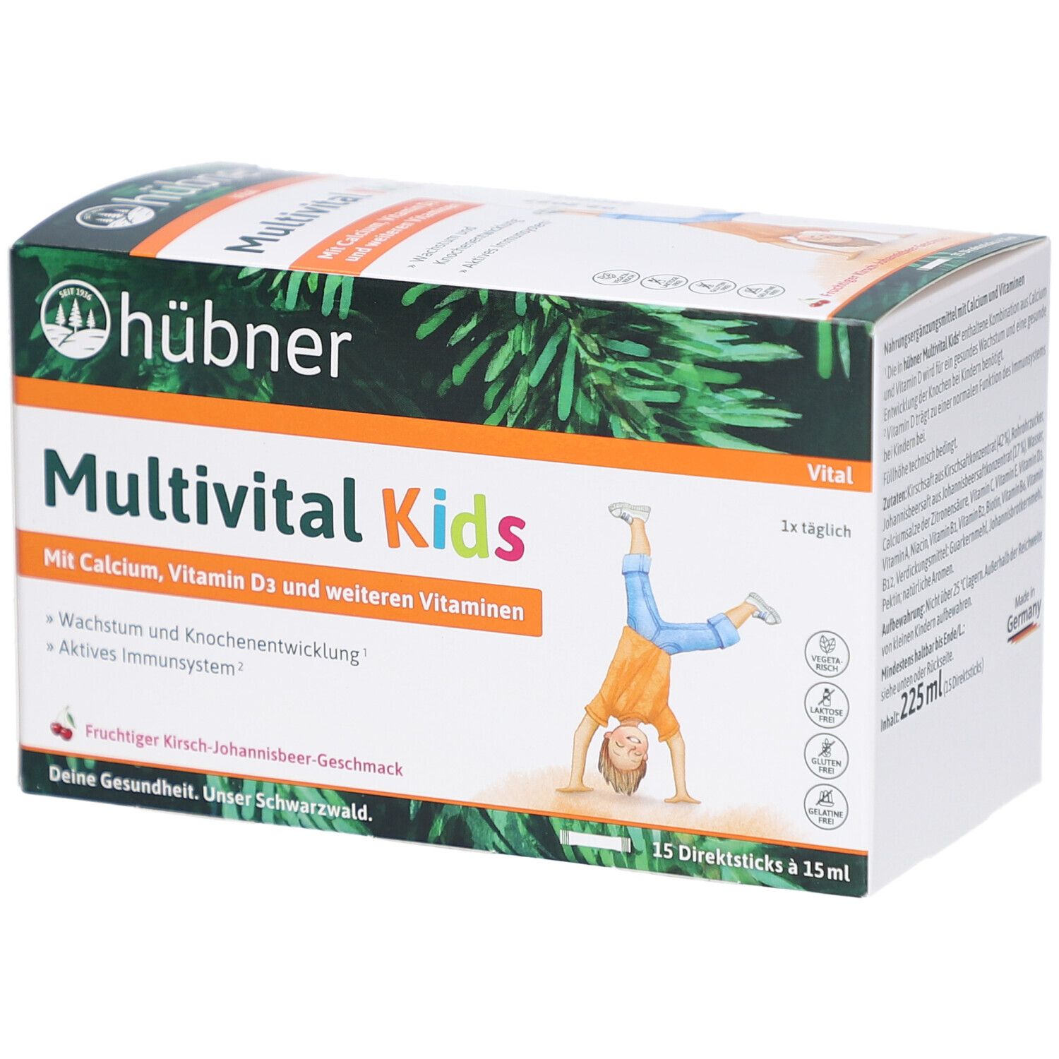 Verpackung von HÜBNER Multivital Kids flüssig. Enthält 15 Direktsticks. Aufdruck: Multivital Kids, Calcium, Vitamin D3.