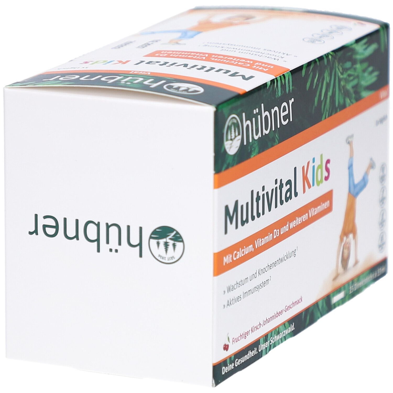 Schrägansicht der Verpackung von HÜBNER Multivital Kids flüssig. Aufdruck: Multivital Kids, Calcium, Vitamin D3.
