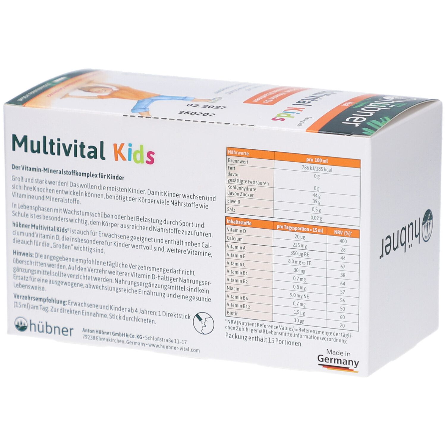 Rückseite der Verpackung von HÜBNER Multivital Kids flüssig. Enthält Nährwertangaben und Inhaltsstoffe.