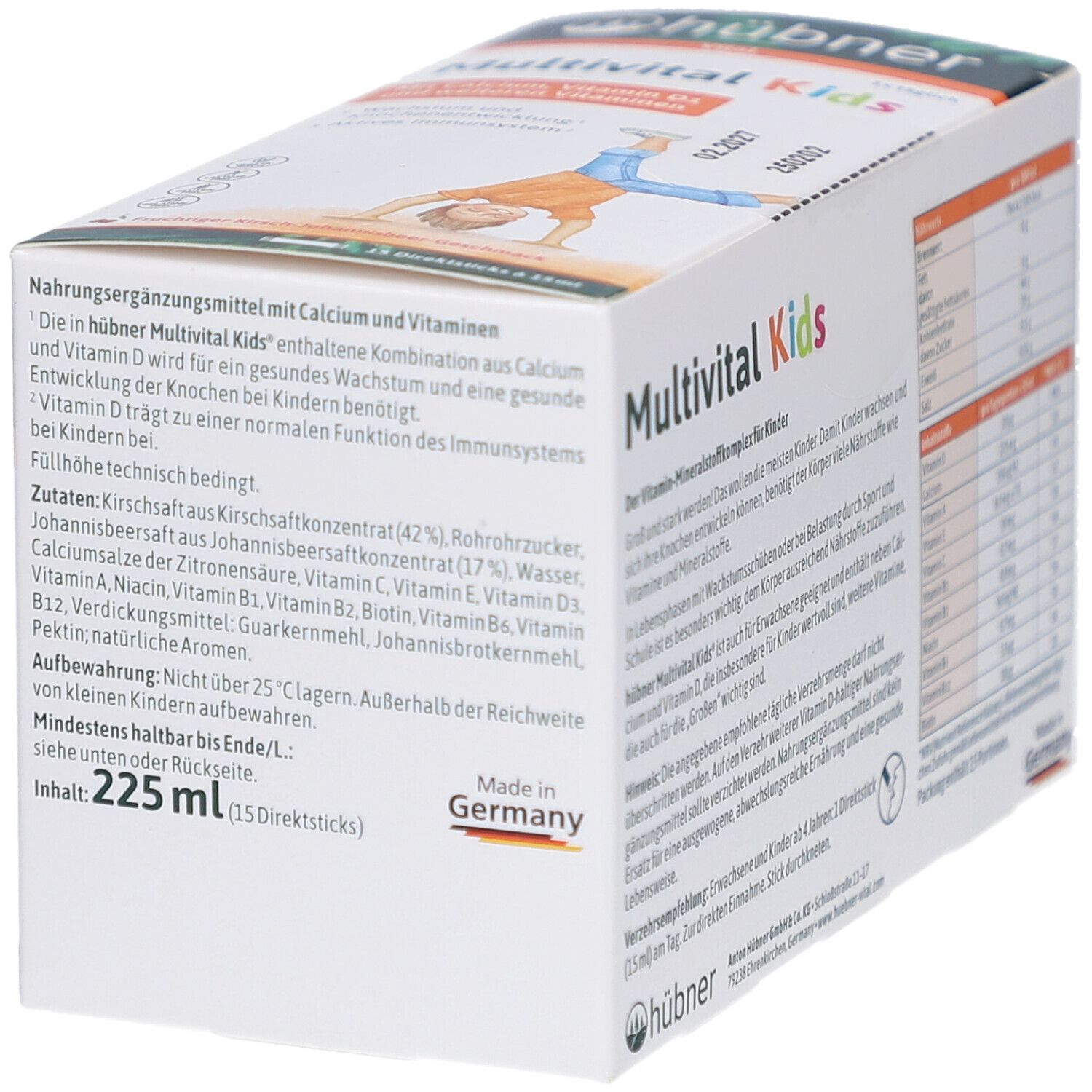 Rückseite der Verpackung von HÜBNER Multivital Kids flüssig. Enthält Informationen zu Inhaltsstoffen und Anwendung.