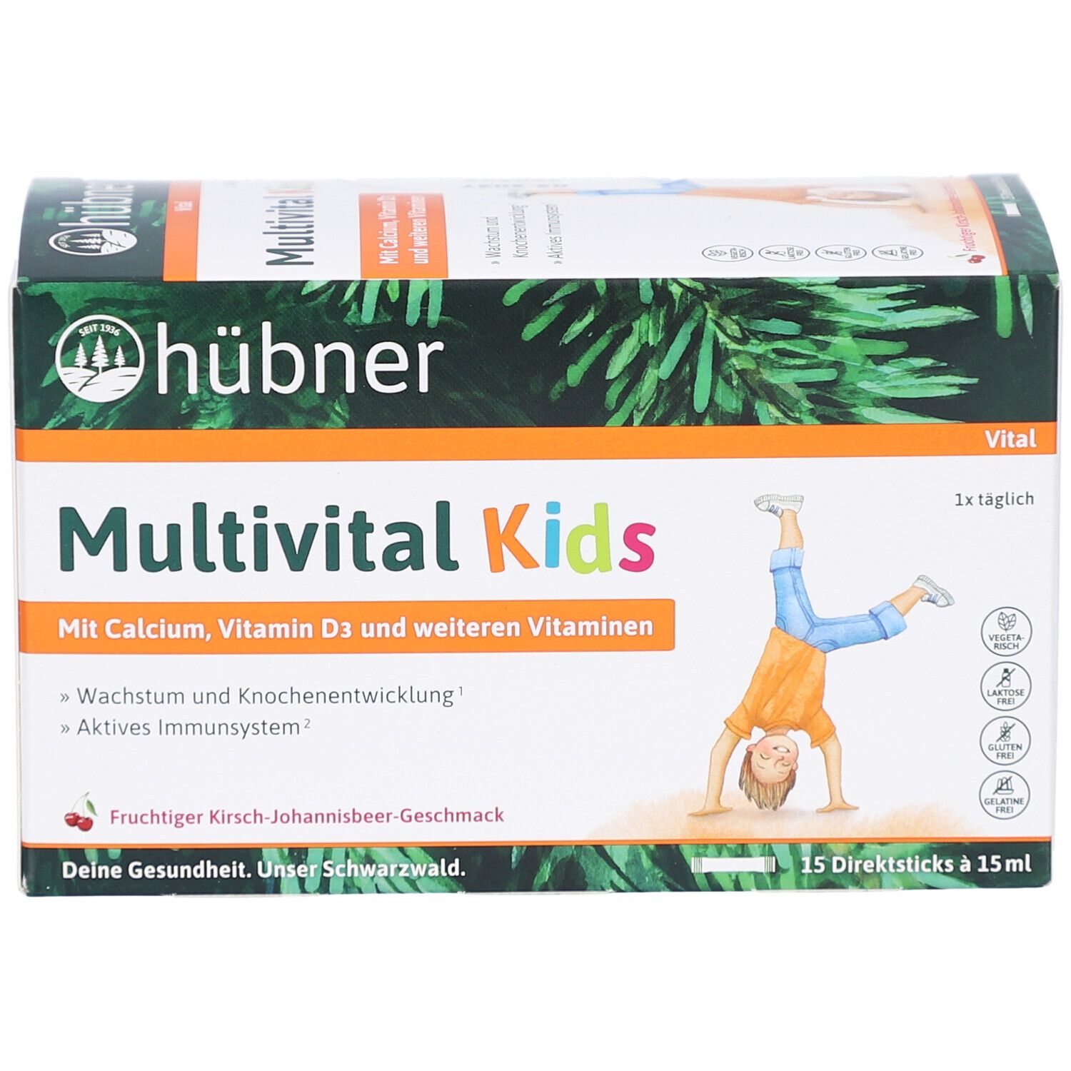 Verpackung von HÜBNER Multivital Kids flüssig. Aufdruck: Multivital Kids, Calcium, Vitamin D3 und weitere Vitamine.