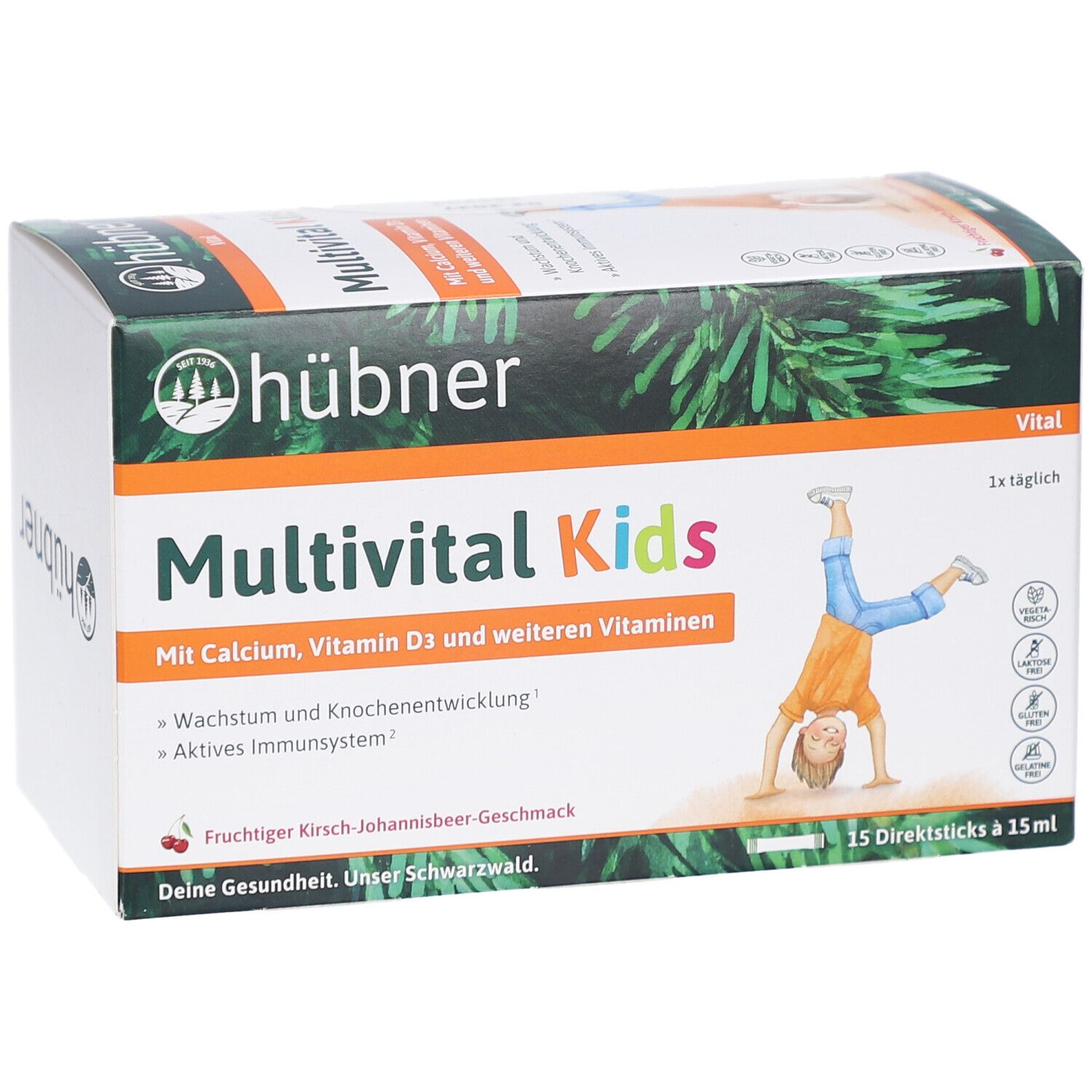 Verpackung von HÜBNER Multivital Kids flüssig. Aufdruck: Multivital Kids, Calcium, Vitamin D3 und weitere Vitamine.