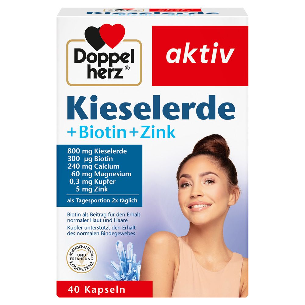 Verpackung von DOPPELHERZ Kieselerde+Biotin+Zink Kapseln. Enthält 40 Kapseln. Aufschrift: Kieselerde + Biotin + Zink. Abbildung einer Frau.