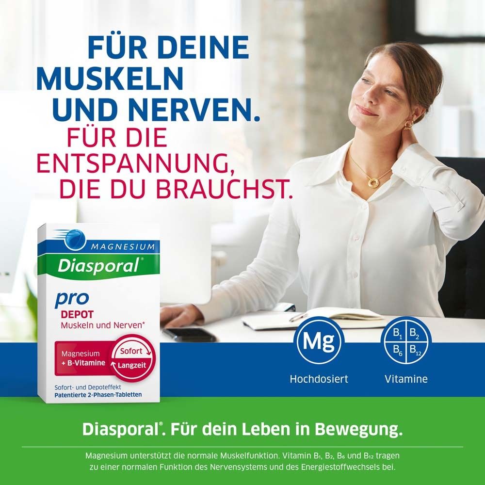 Frau am Schreibtisch. Magnesium-Diasporal pro Depot Packung. Text: Für Muskeln und Nerven. Mit Vitaminen.