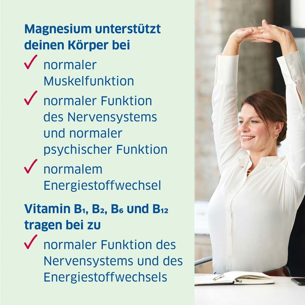 Frau mit erhobenen Armen. Text: Magnesium unterstützt Muskeln, Nerven, Psyche und Energie. Mit Vitaminen.
