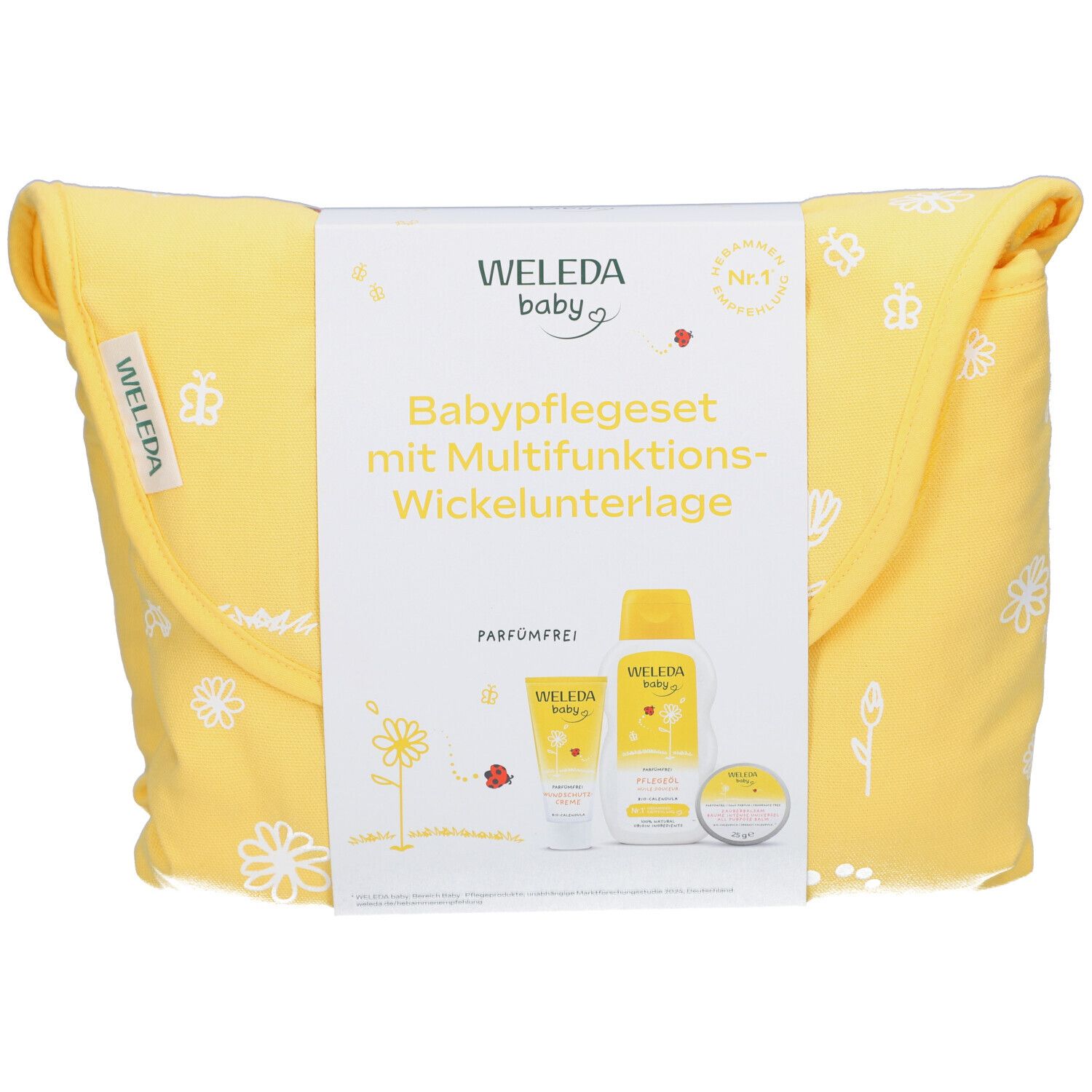 Trousse de soins pour bébé jaune avec matelas à langer. Contient des produits et est imprimée de fleurs et de coccinelles. Nom du produit visible.