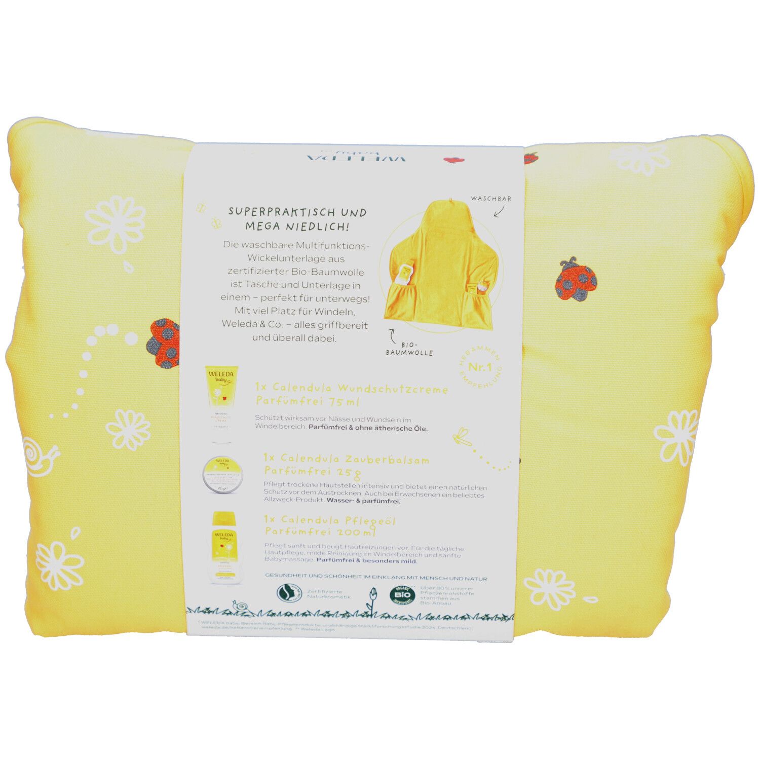 Trousse de soins pour bébé jaune avec matelas à langer, vue arrière. Avec informations sur le produit, illustrations et texte. Motif floral et coccinelles.