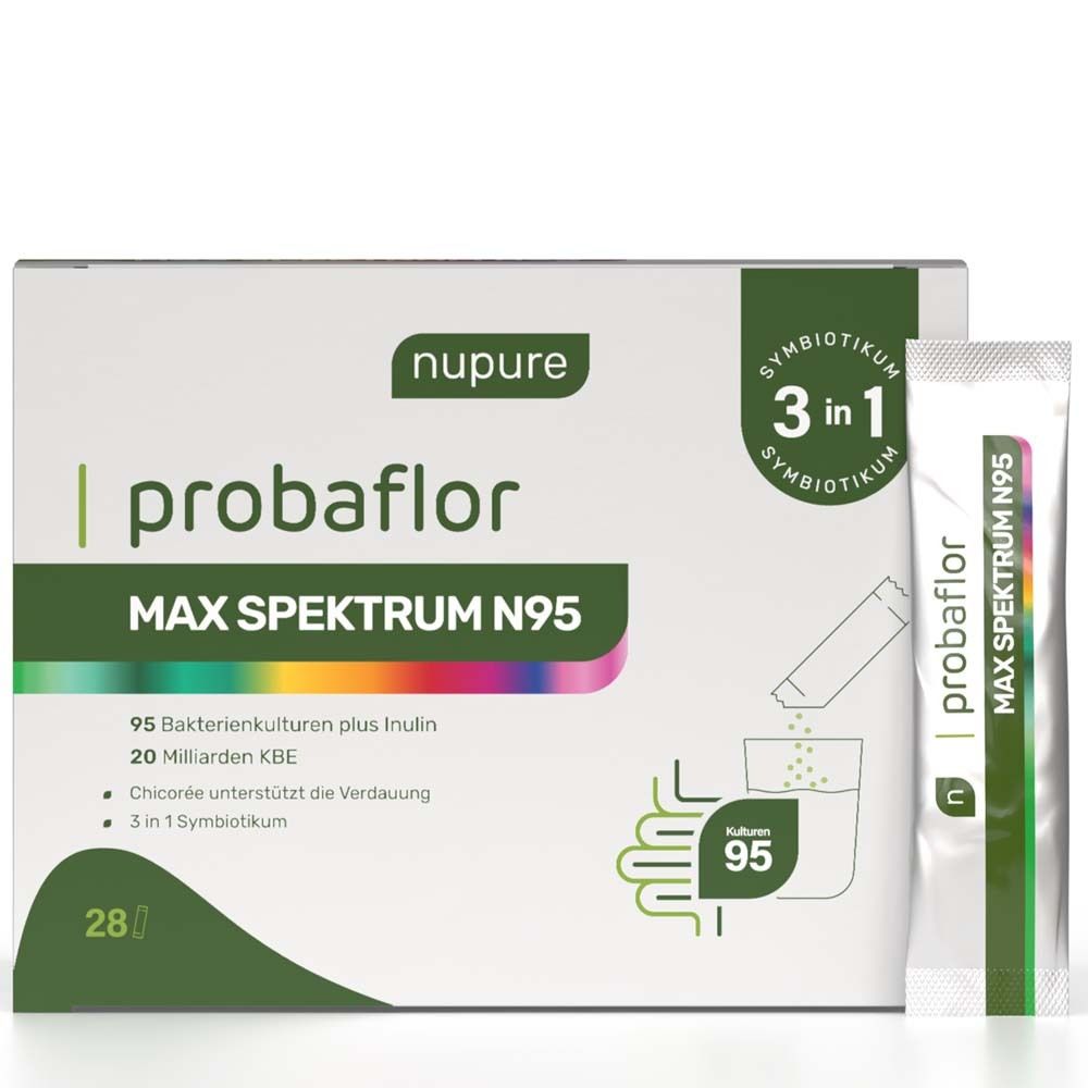 Boîte blanche avec détails verts. Nupure Probaflor MAX SPEKTRUM N95. 28 sachets. Symbiotique 3 en 1.