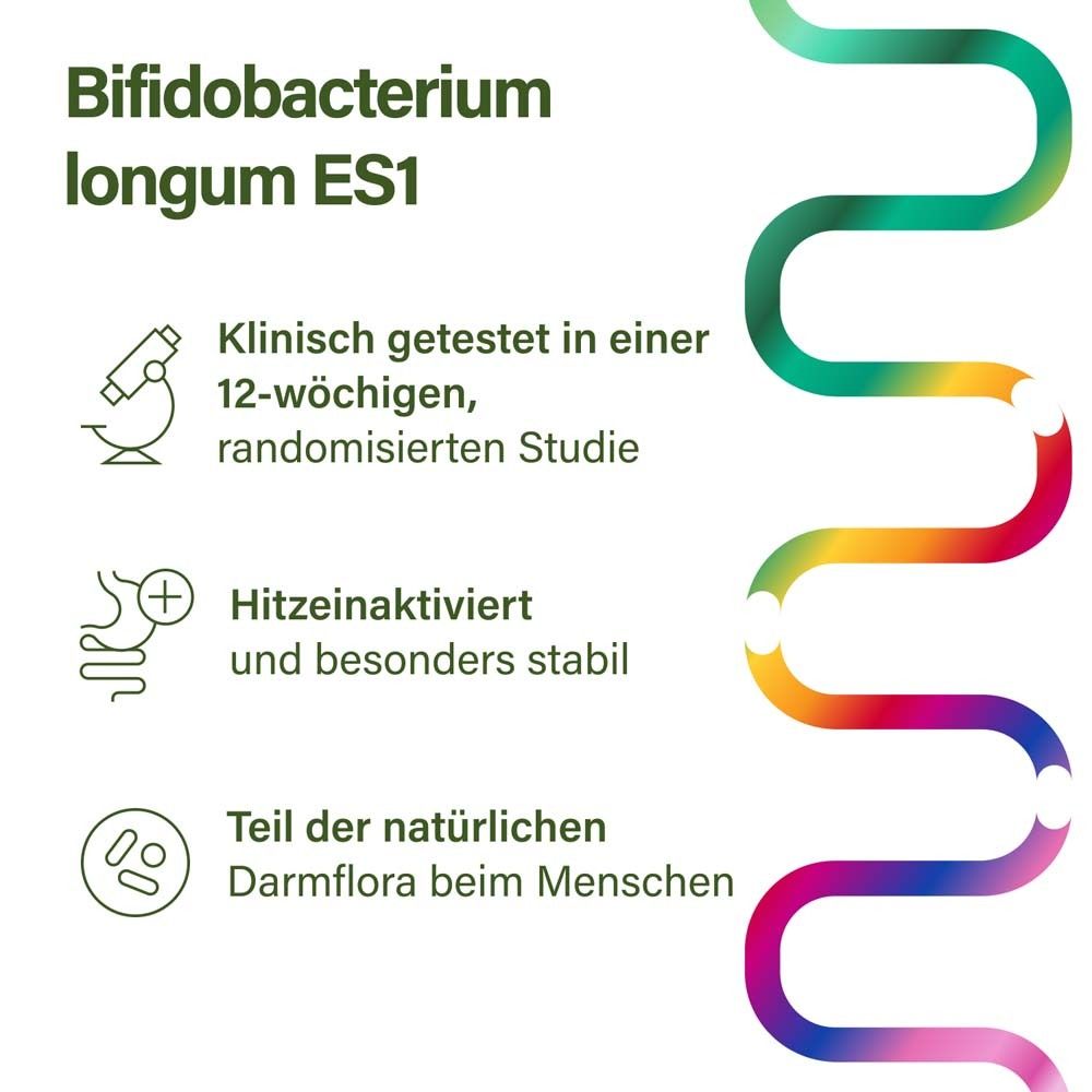 Graphique avec Bifidobacterium longum ES1. Testé cliniquement, inactivé par la chaleur, fait partie de la flore intestinale naturelle. Dégradé.