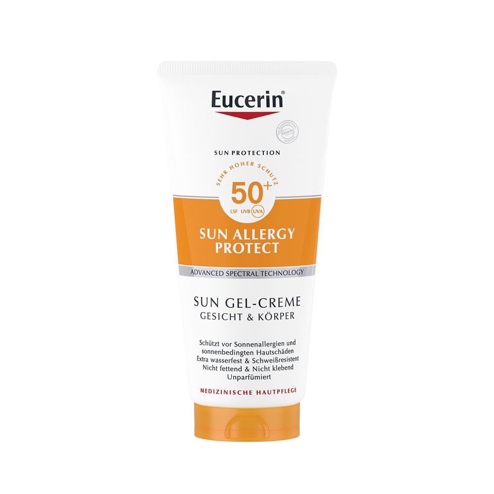 Tube blanche et orange. Inscription : Eucerin, Sun Allergy Protect, LSF 50+, Sun Gel-Creme Visage & Corps.