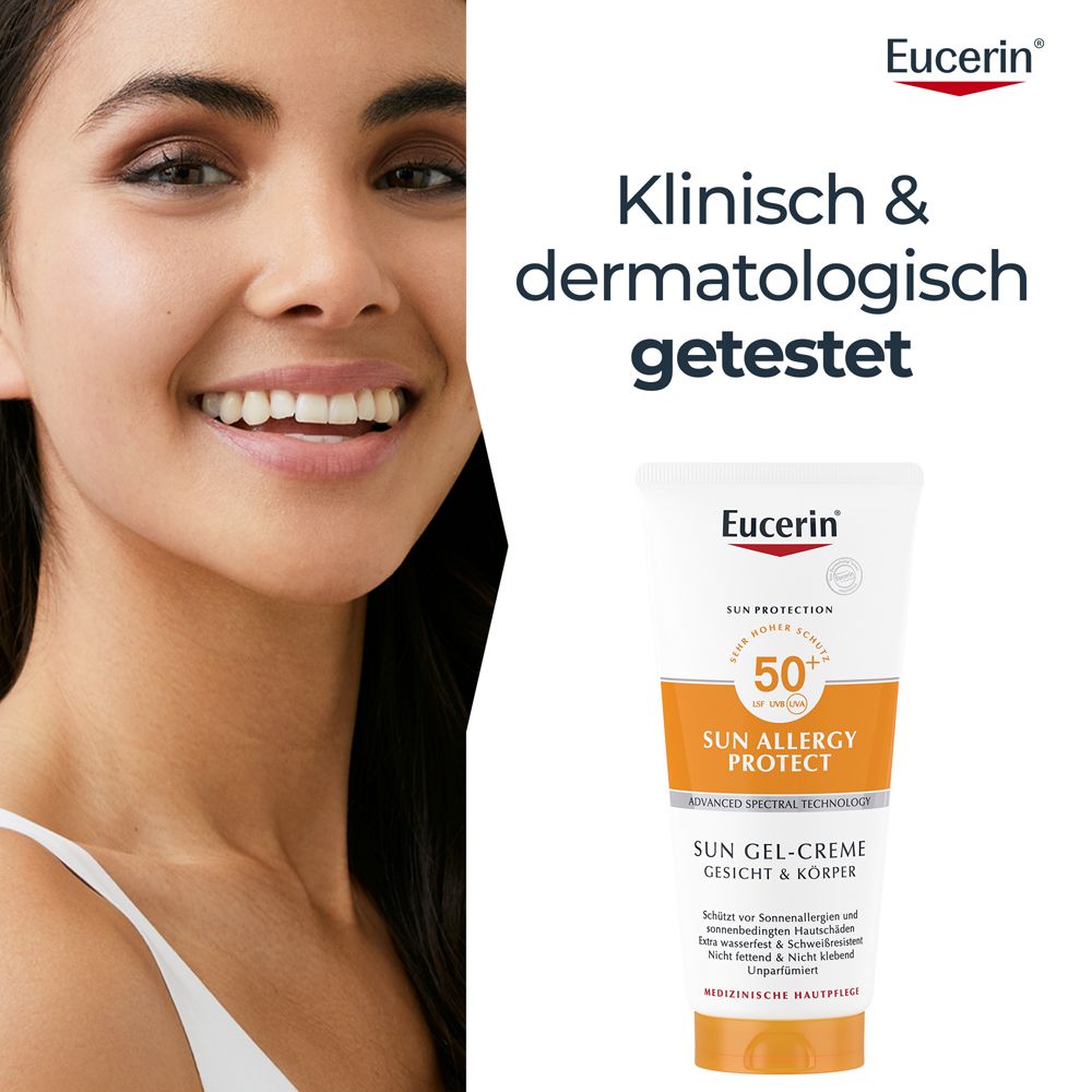 Femme avec tube. Texte : Testé cliniquement et dermatologiquement. Eucerin, Sun Allergy Protect, SPF 50+, Sun Gel-Crème Visage & Corps.